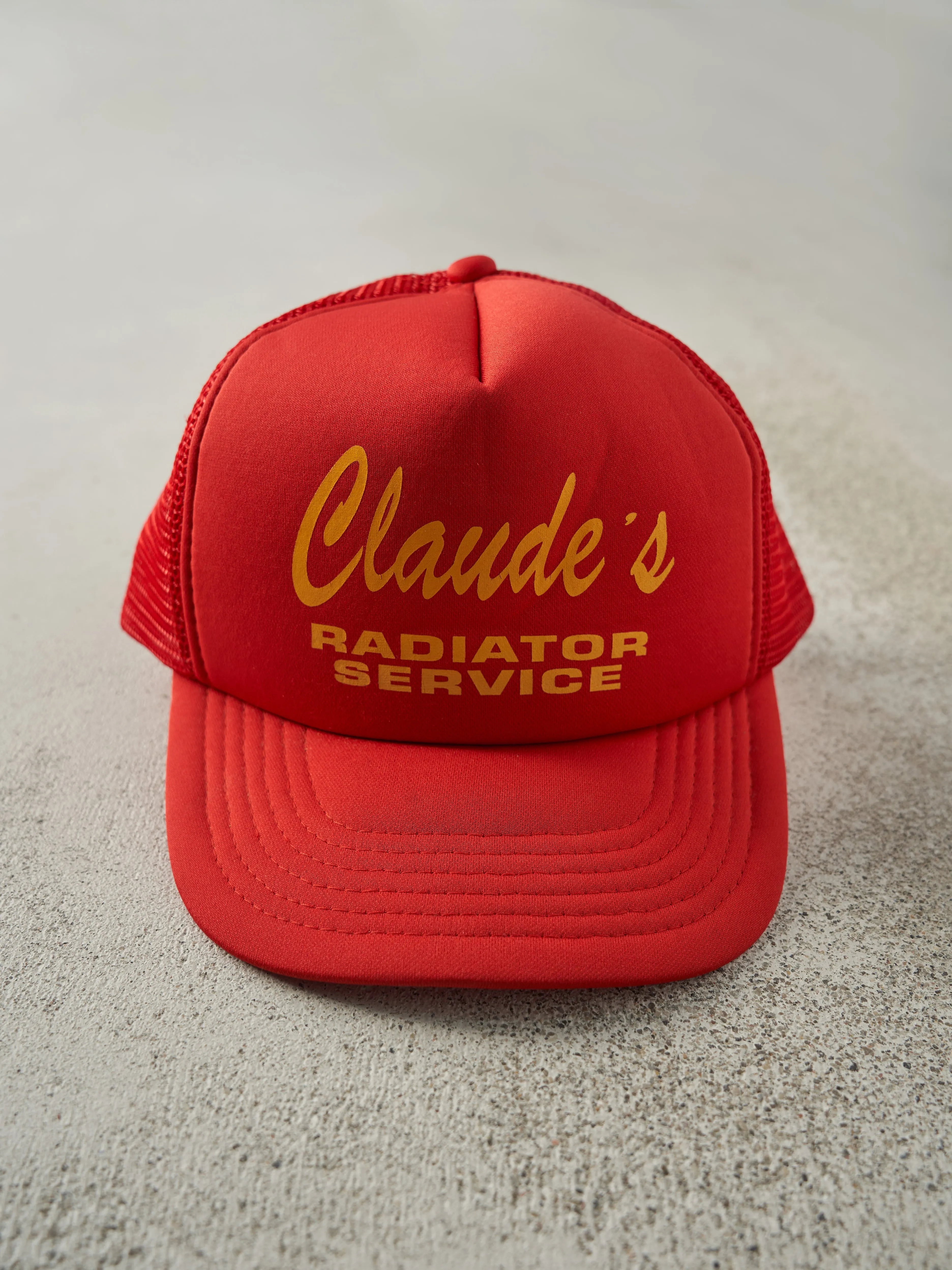 Vintage 80s Red Claude's Radiator Service Foam Trucker Hat sold by Rebalance Vintage
