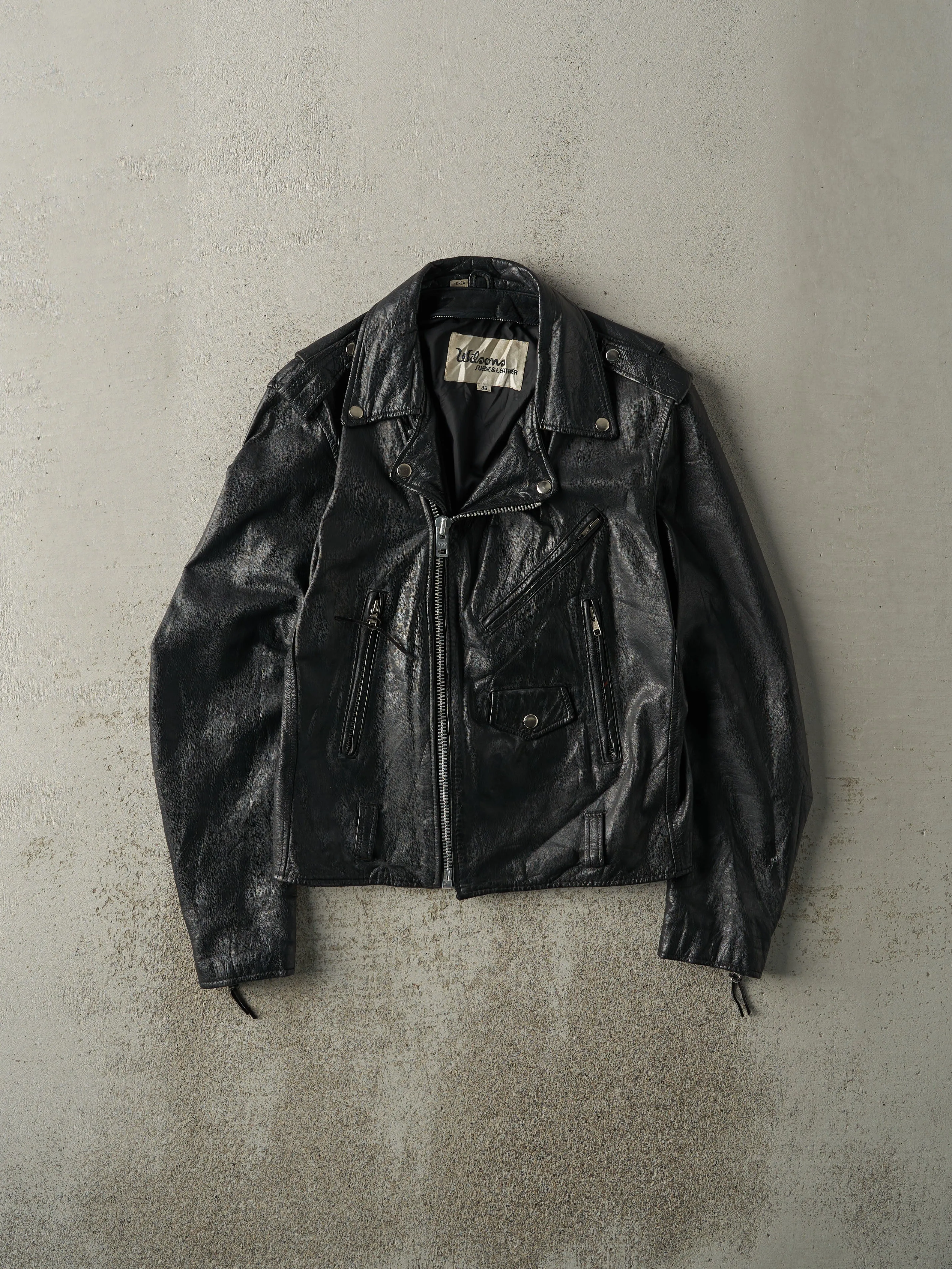 Vintage 80s Black Wilson's Leather Harley Davidson Biker Jacket (S) sold by Rebalance Vintage