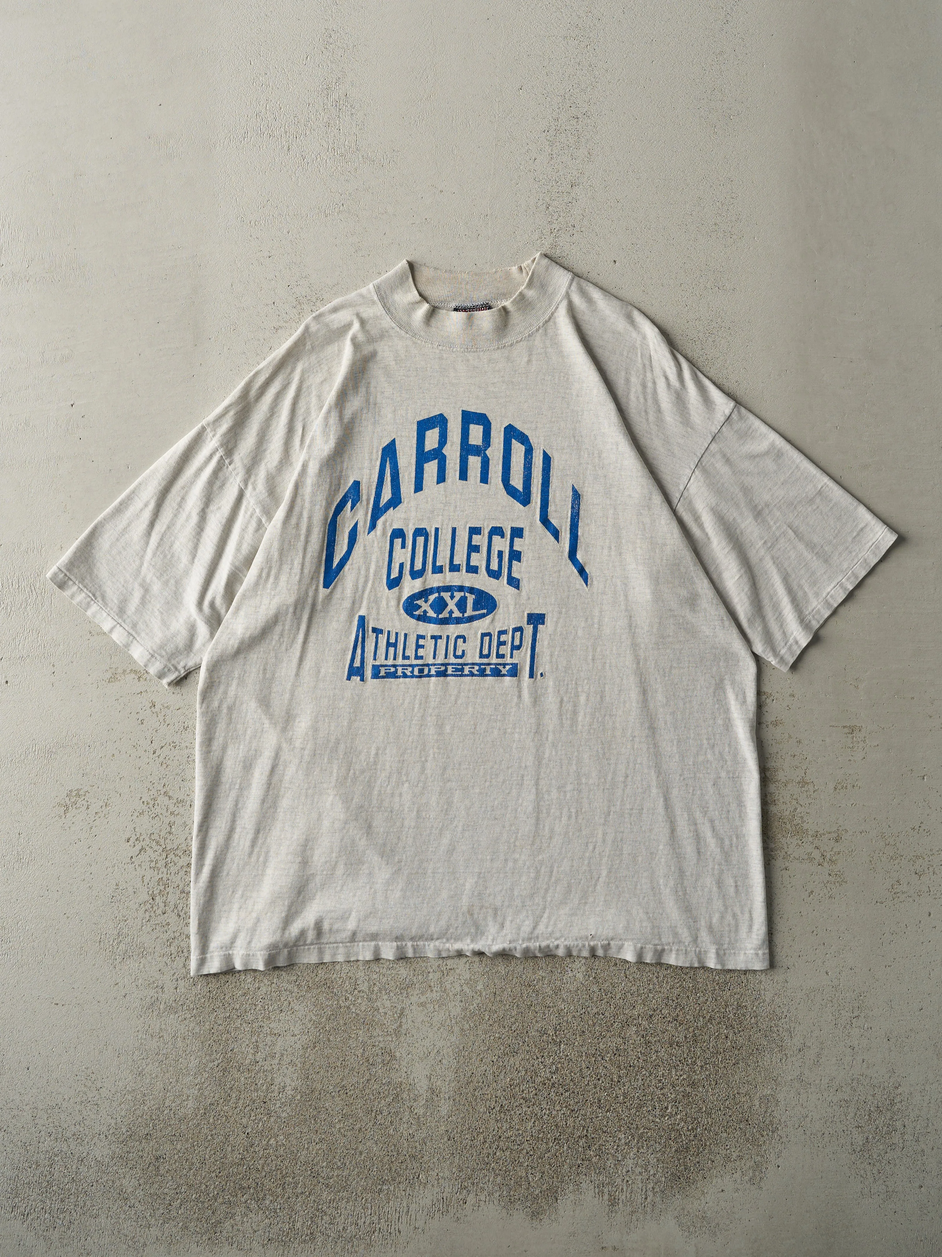 Vintage 90s Heather Grey Carroll College Tee (L) sold by Rebalance Vintage