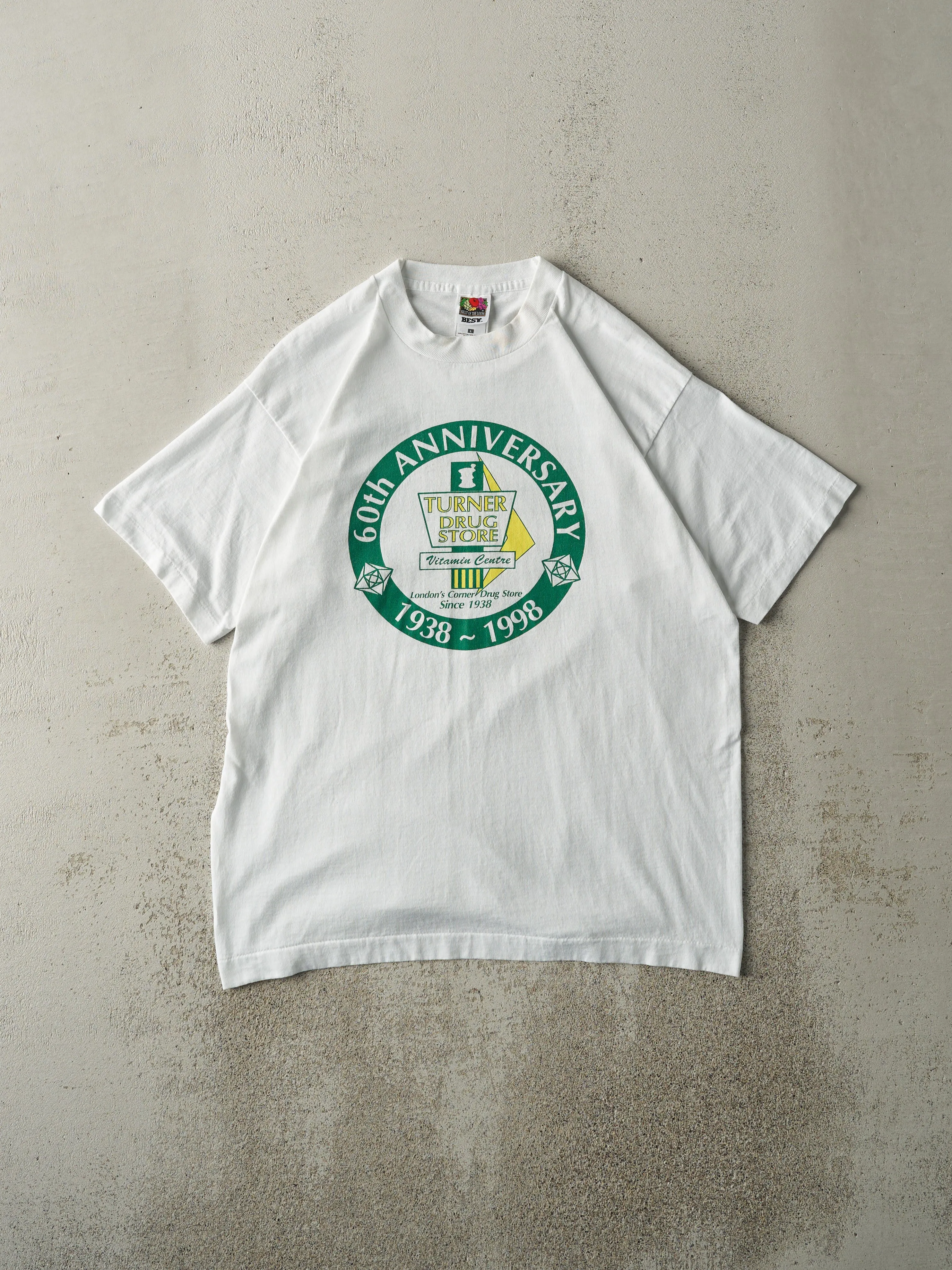 Vintage 98' White Turner Drug Store Single Stitch Tee (M) sold by Rebalance Vintage