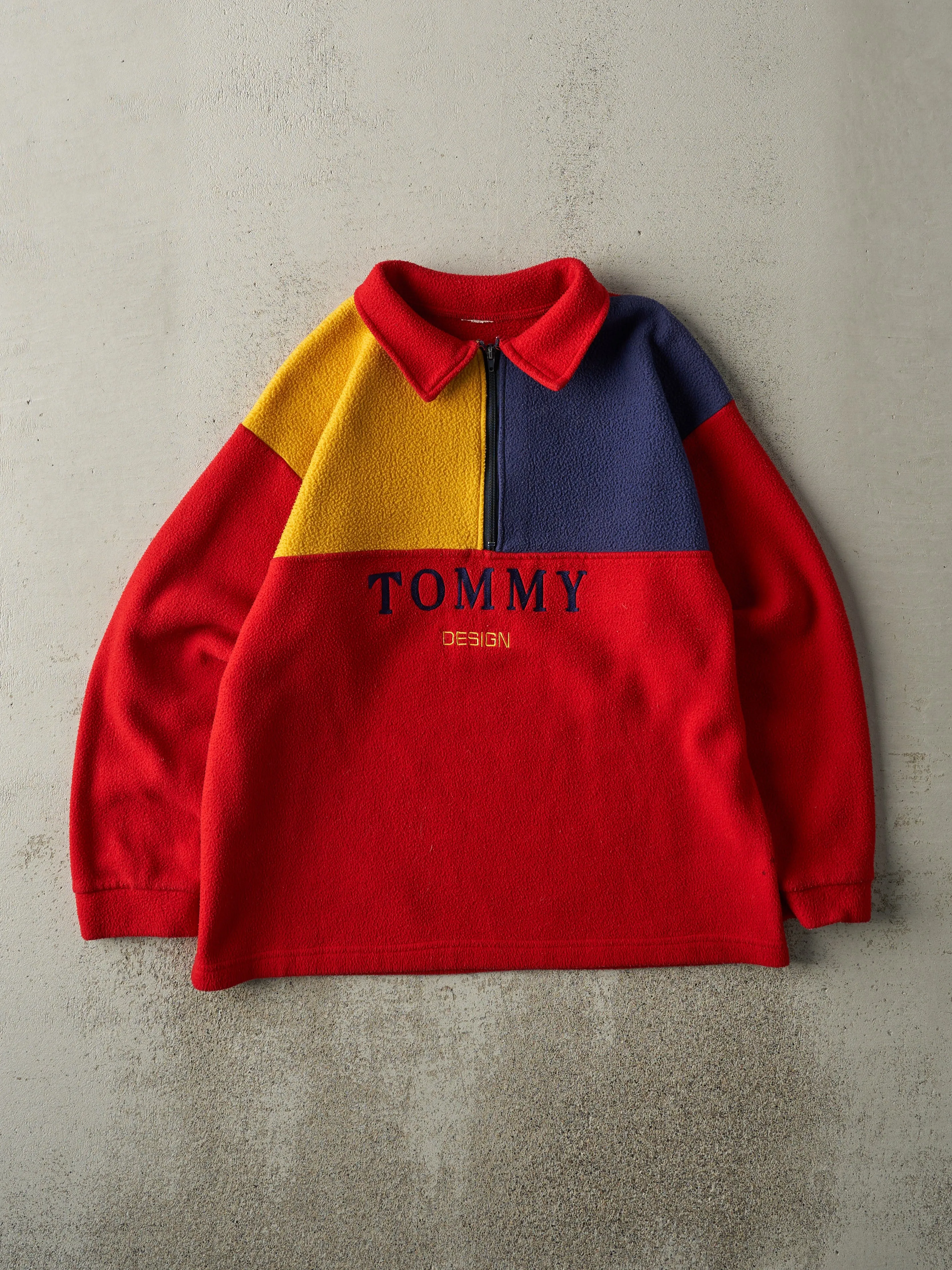 Vintage 90s Red Tommy Hilfiger Bootleg Quarter Zip Fleece Sweater (M) sold by Rebalance Vintage