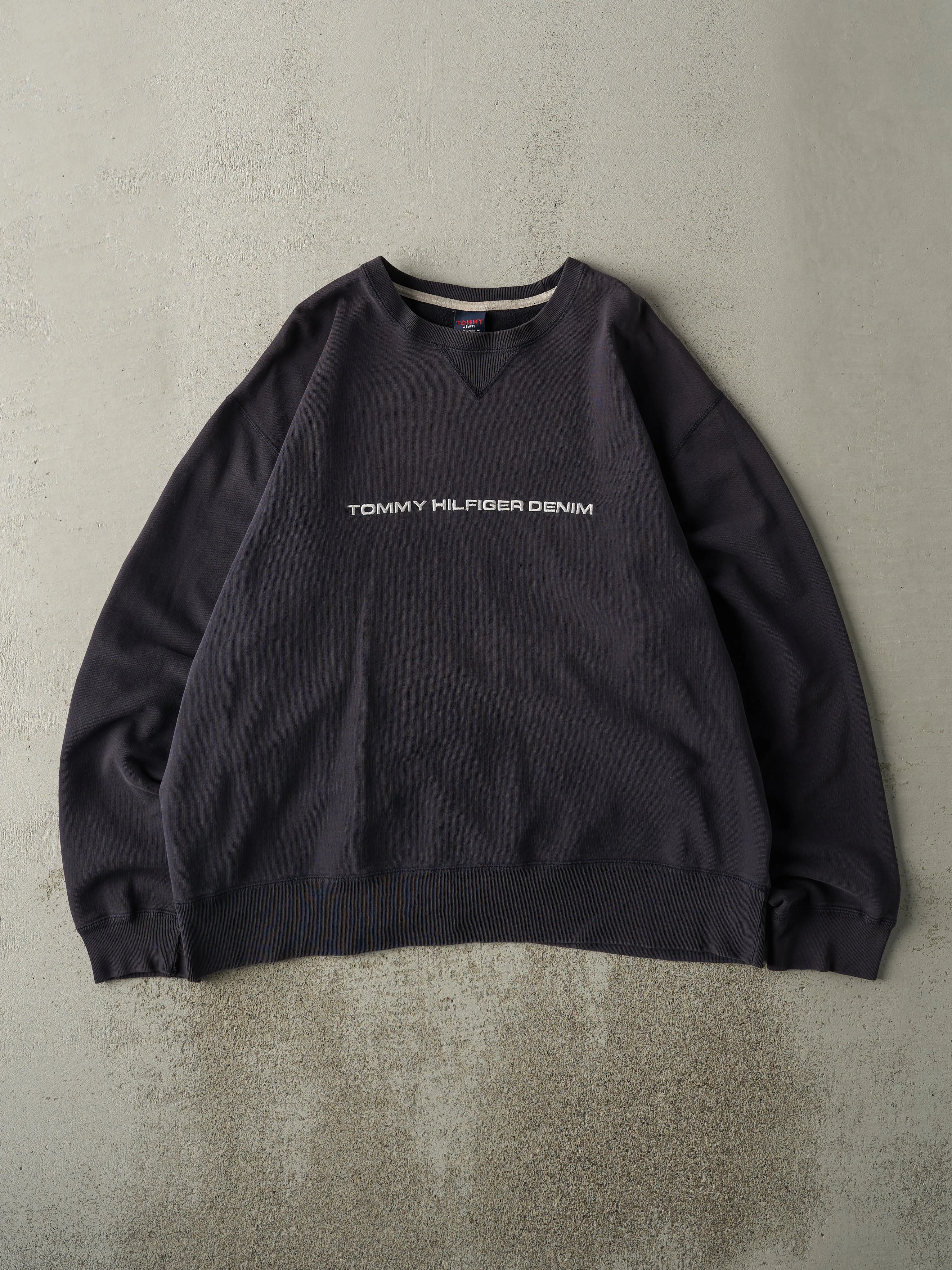 Vintage Y2K Navy Blue Embroidered Tommy Hilfiger Denim Crewneck (XL) sold by Rebalance Vintage