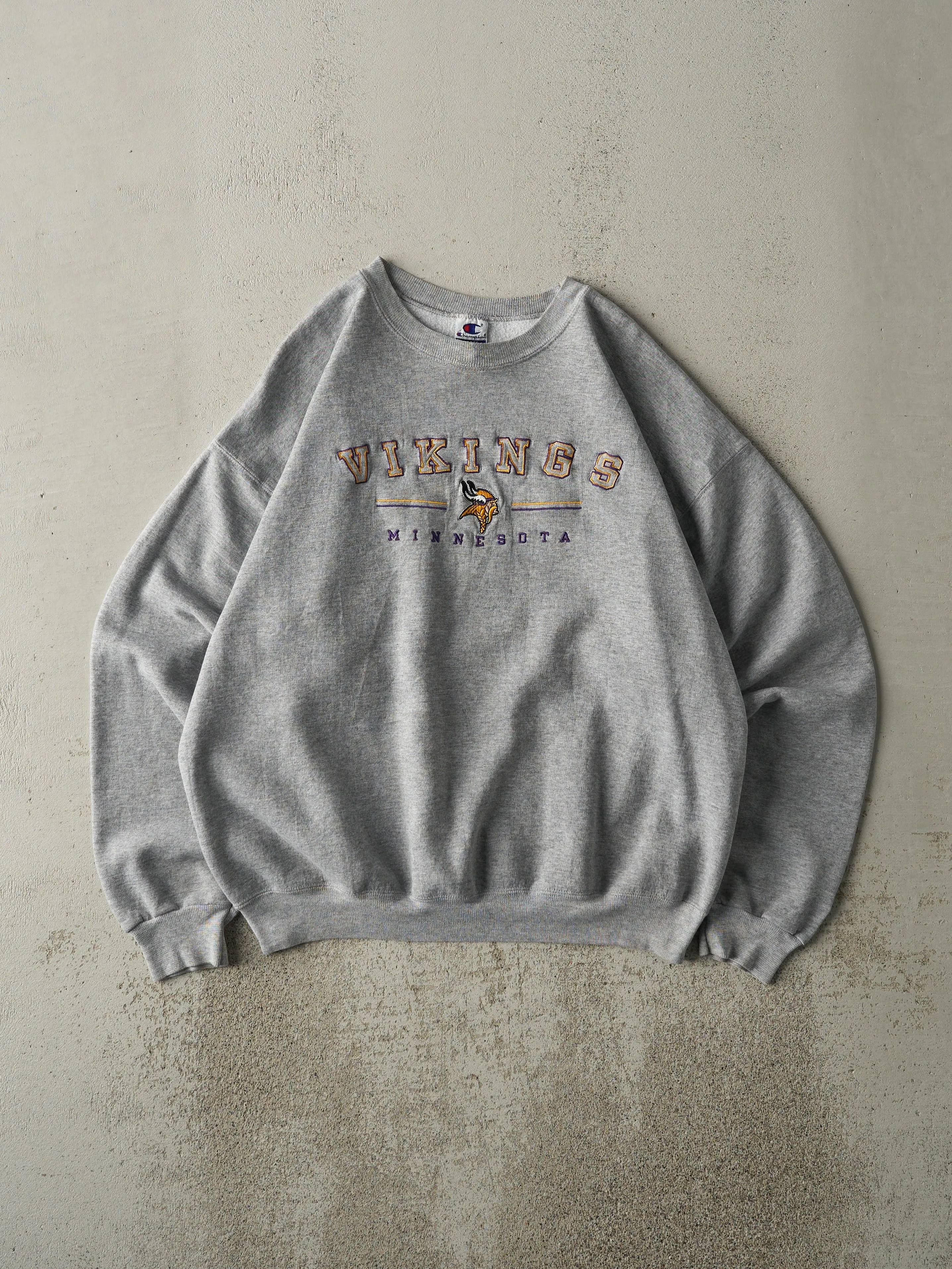 Vintage 90s Grey Embroidered Minnesota Vikings Crewneck (L) sold by Rebalance Vintage