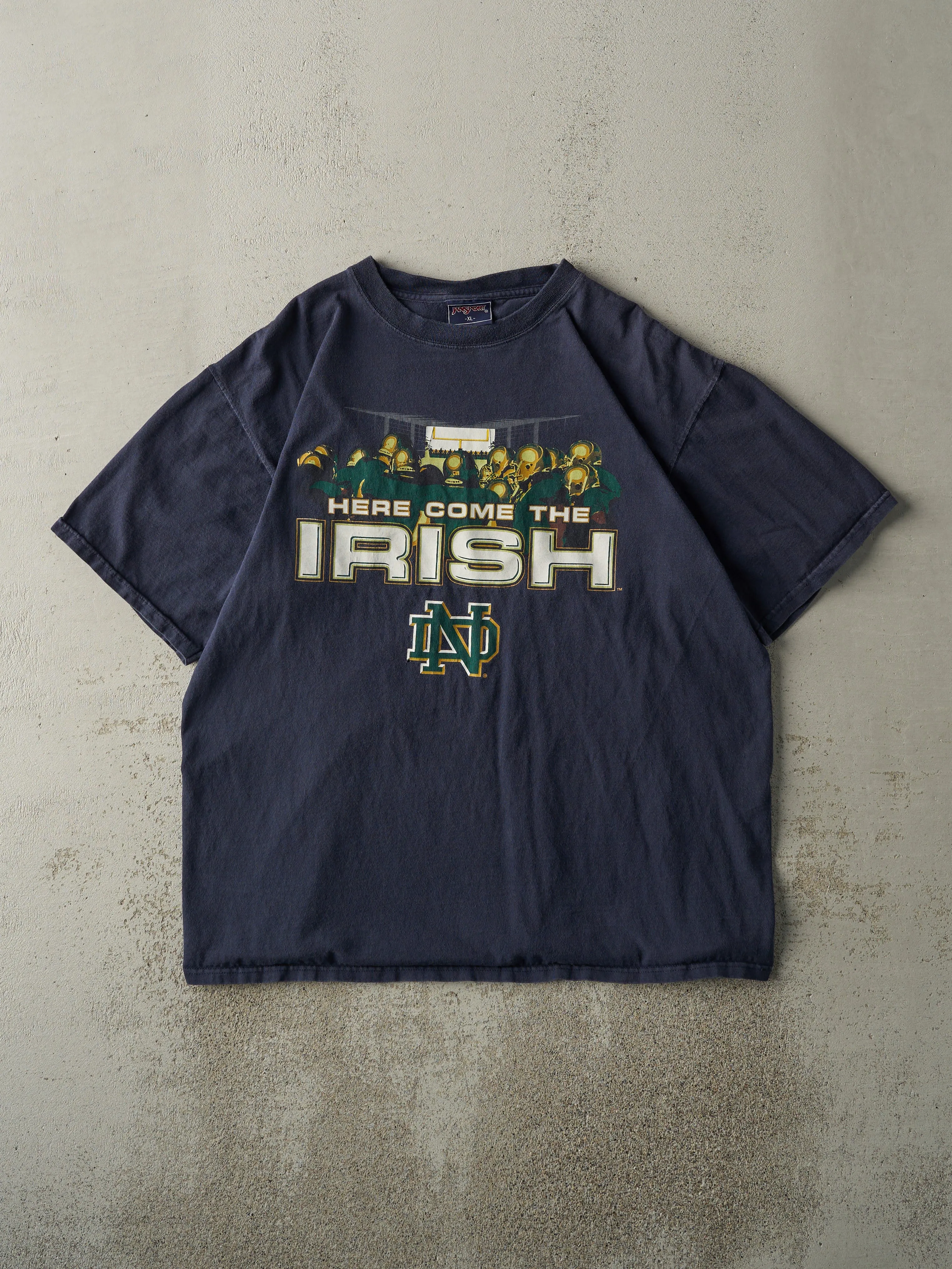 Vintage 90s Navy Blue Notre Dame Fighting Irish Tee (L) sold by Rebalance Vintage