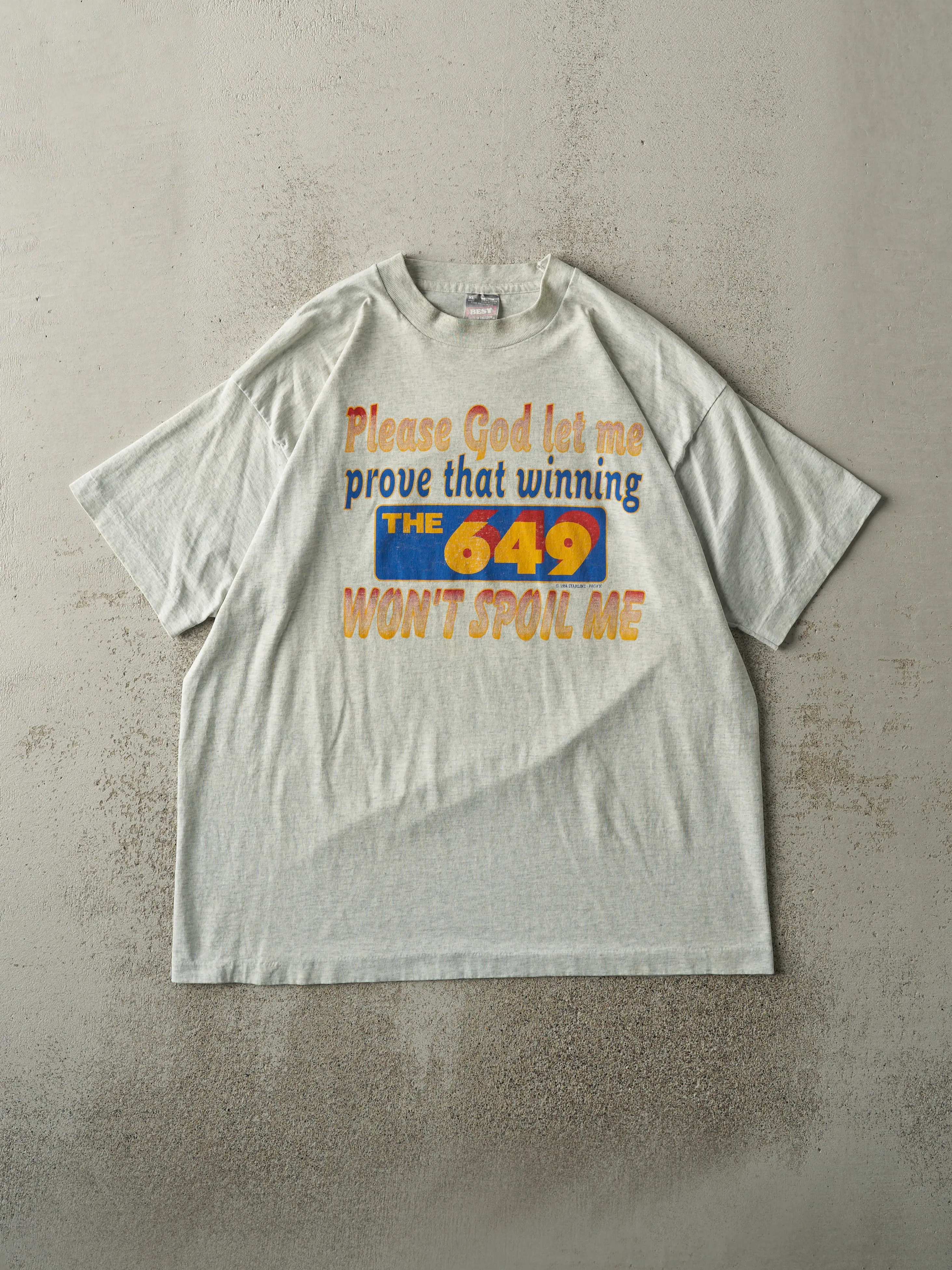 Vintage 94' Heather Grey "Winning Won't Spoil Me" Lotto 649 Single Stitch Tee (L) sold by Rebalance Vintage