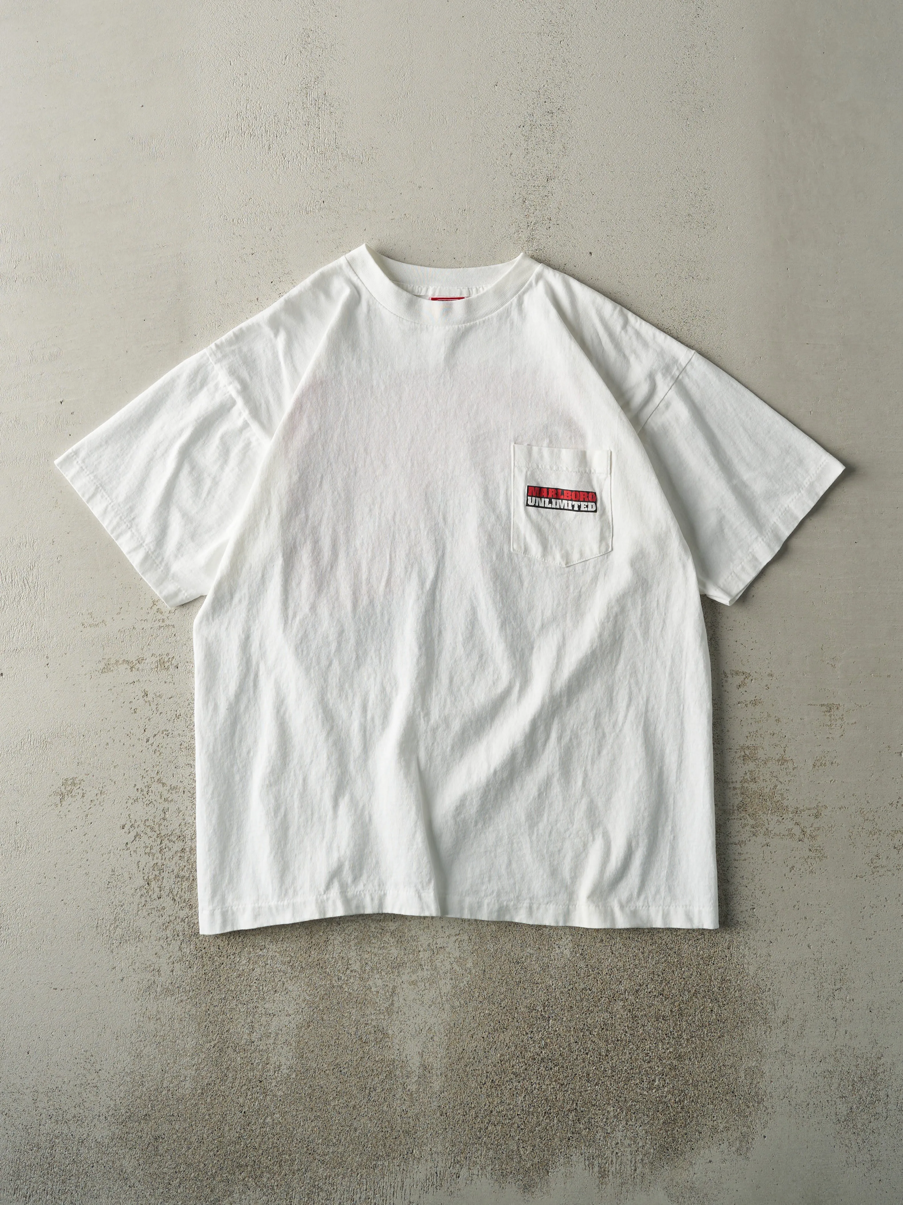 Vintage 95' White Marlboro Unlimited Pocket Tee (L) sold by Rebalance Vintage product image thumbnail 2