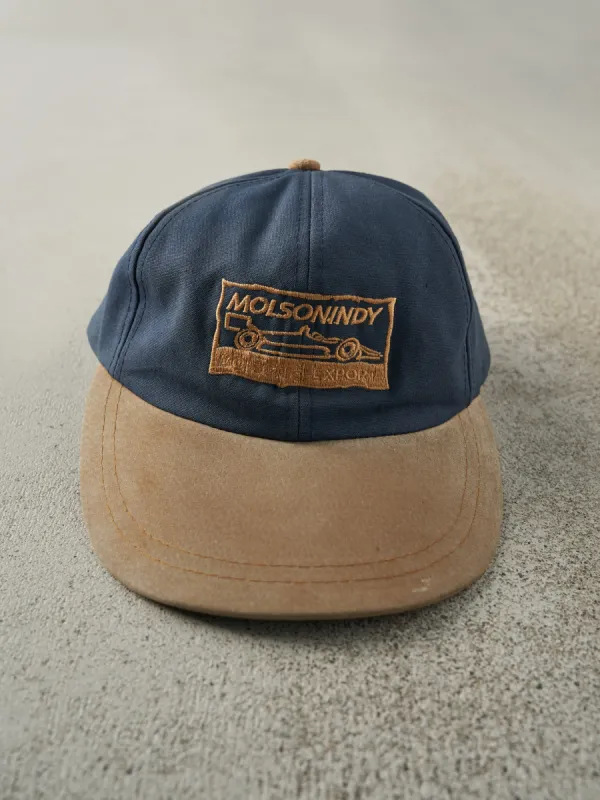 Vintage 90s Blue & Tan Molson Indy Two Tone Leather Strap Back Hat sold by Rebalance Vintage