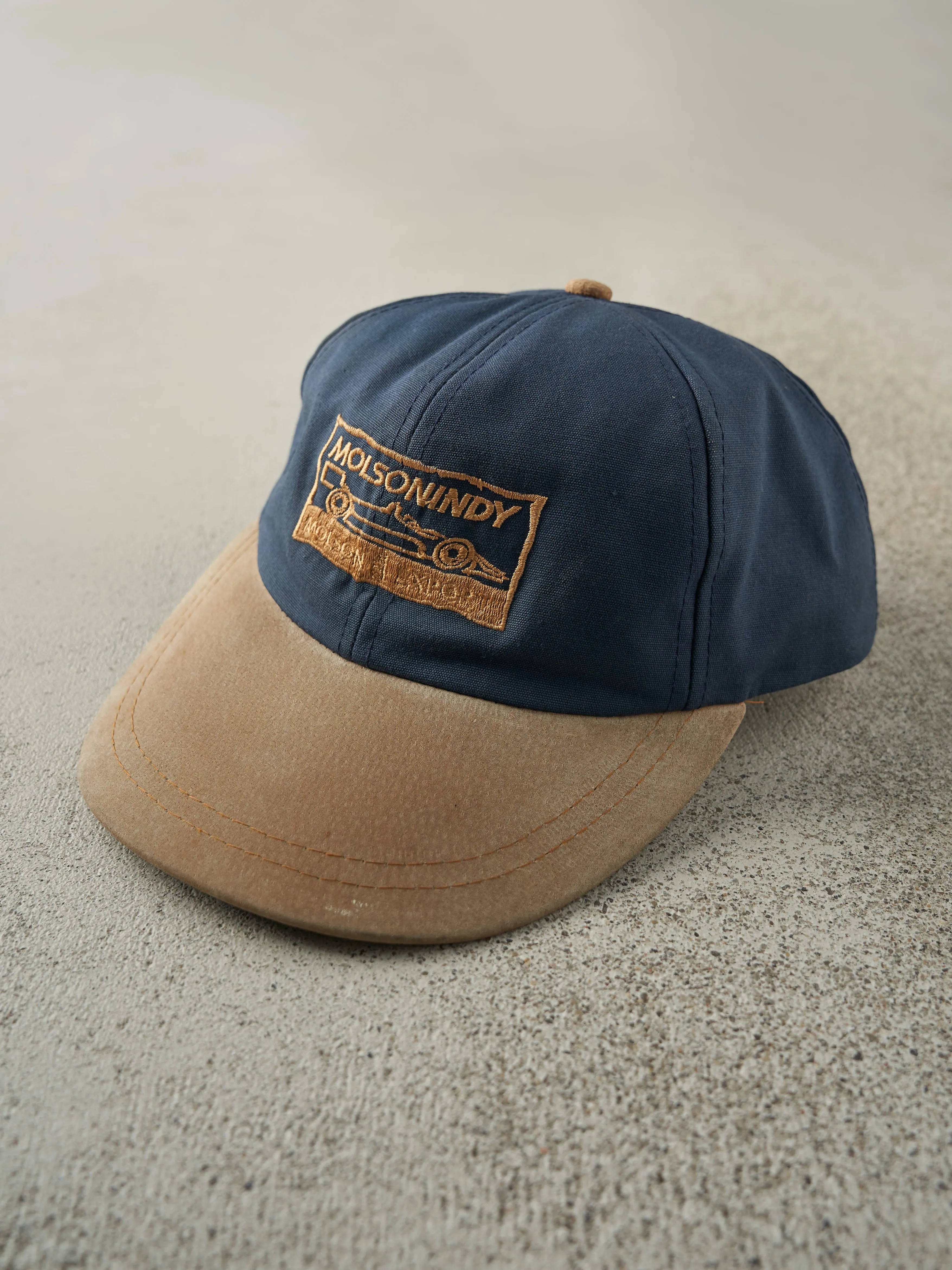 Vintage 90s Blue & Tan Molson Indy Two Tone Leather Strap Back Hat sold by Rebalance Vintage product image thumbnail 2