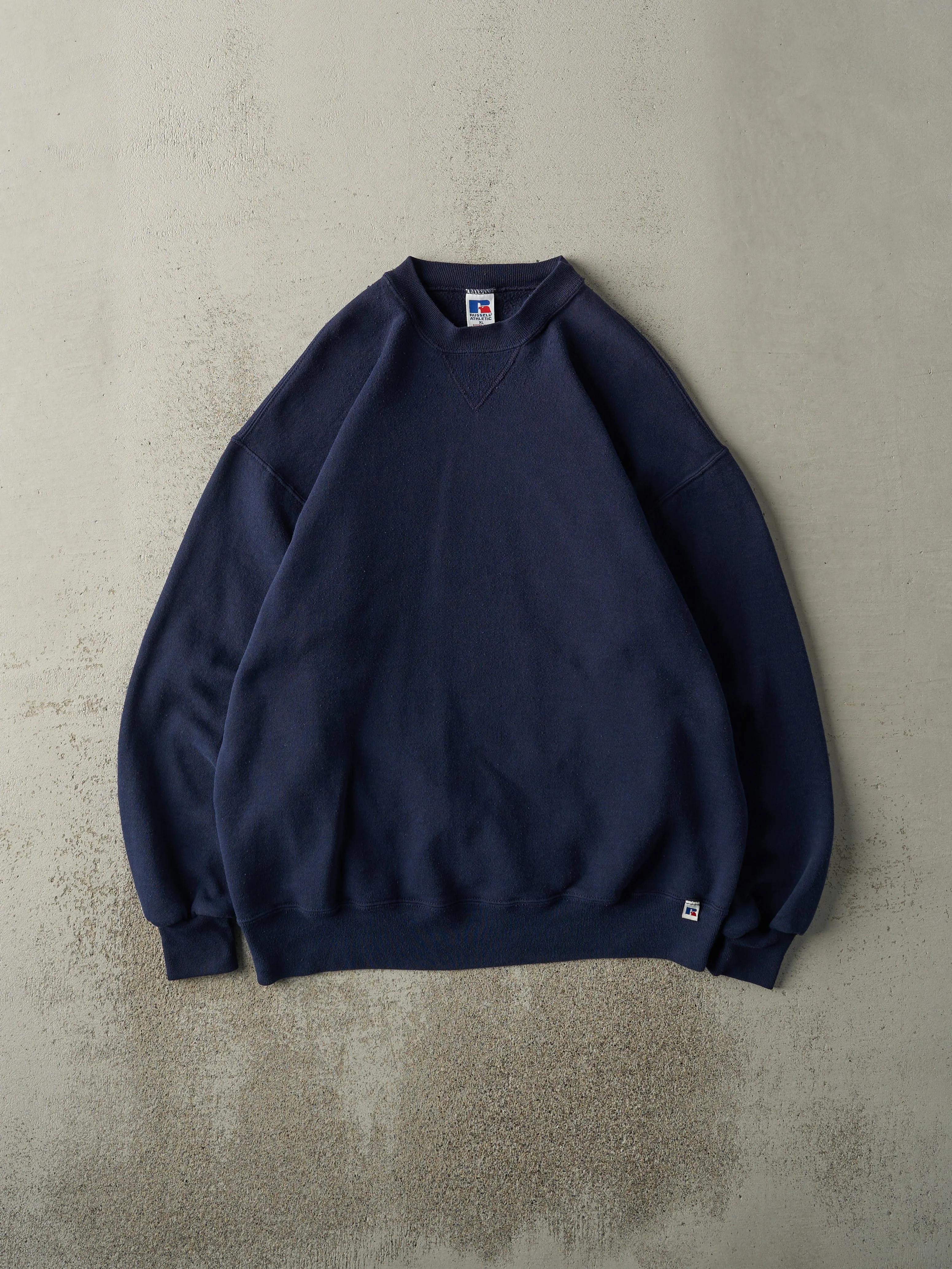 Vintage 90s Navy Blue Blank Russell Athletic Crewneck (L) sold by Rebalance Vintage