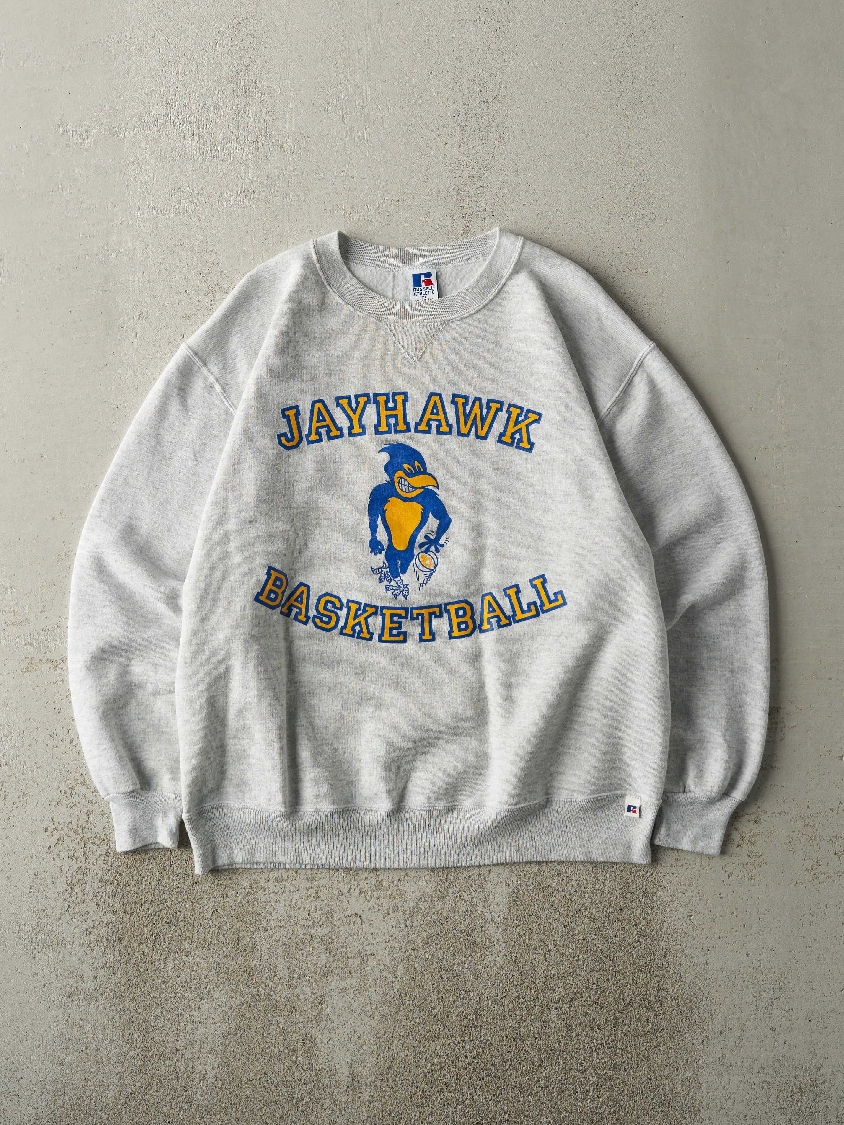 Vintage 90s Heather Grey Jayhawk Basketball Crewneck (L) sold by Rebalance Vintage