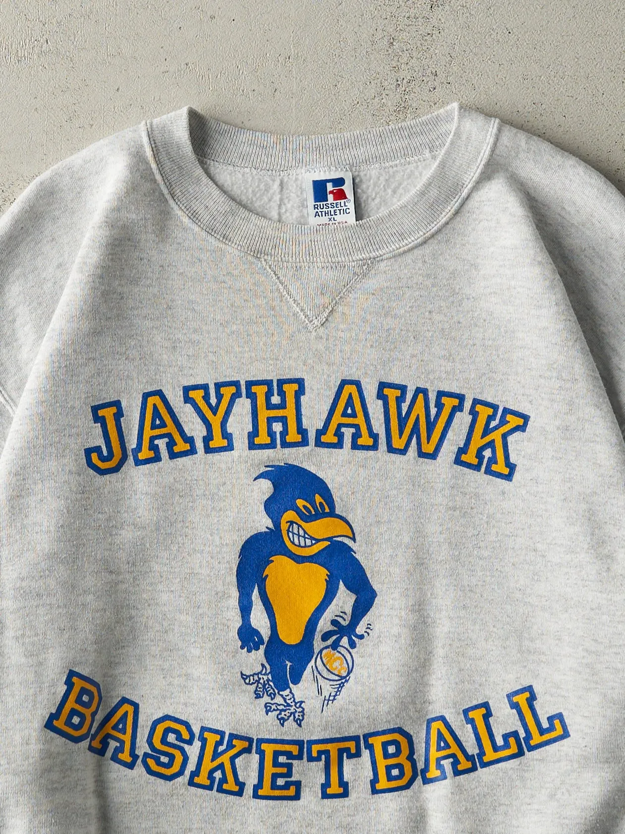 Vintage 90s Heather Grey Jayhawk Basketball Crewneck (L) sold by Rebalance Vintage product image thumbnail 2