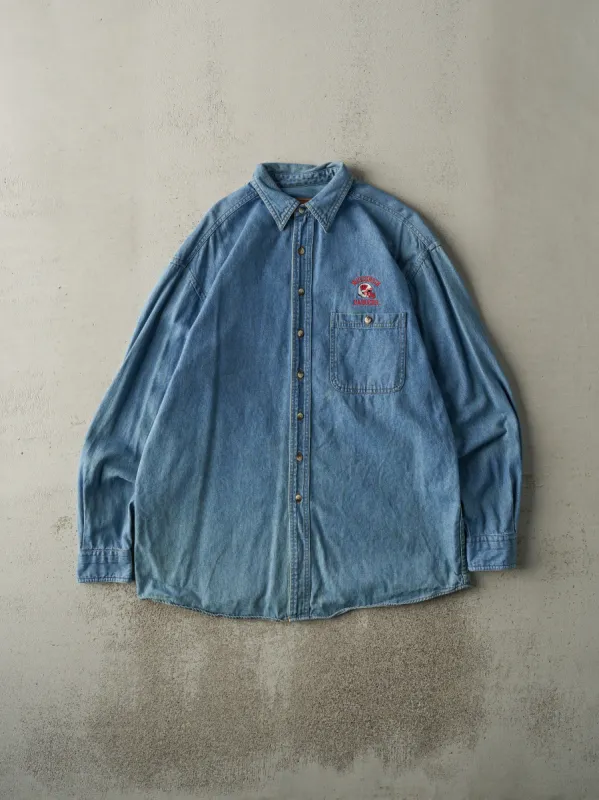 Vintage 90s Denim Embroidered Wisconsin Badgers Football Button Up (L) sold by Rebalance Vintage