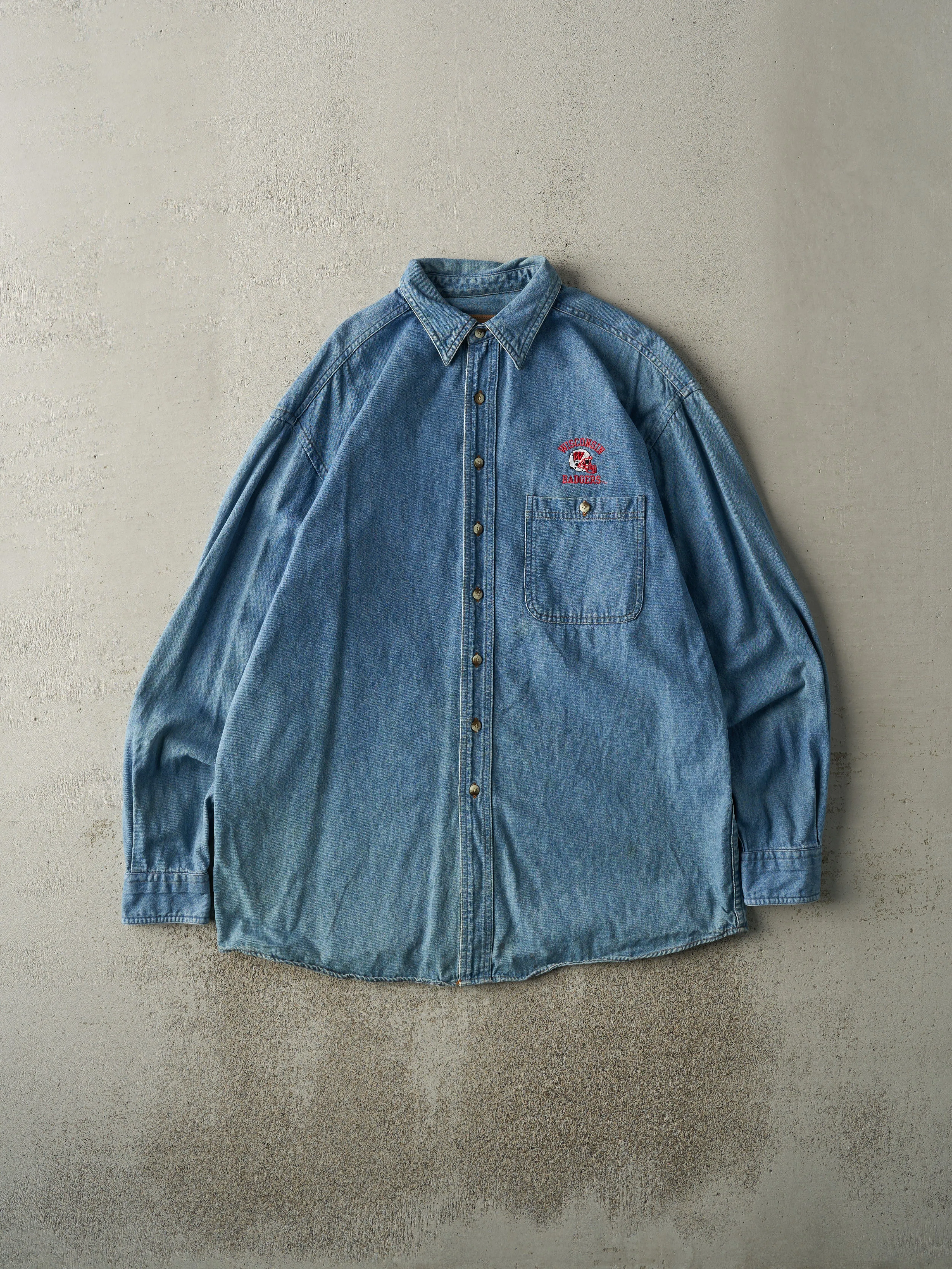 Vintage 90s Denim Embroidered Wisconsin Badgers Football Button Up (L) sold by Rebalance Vintage