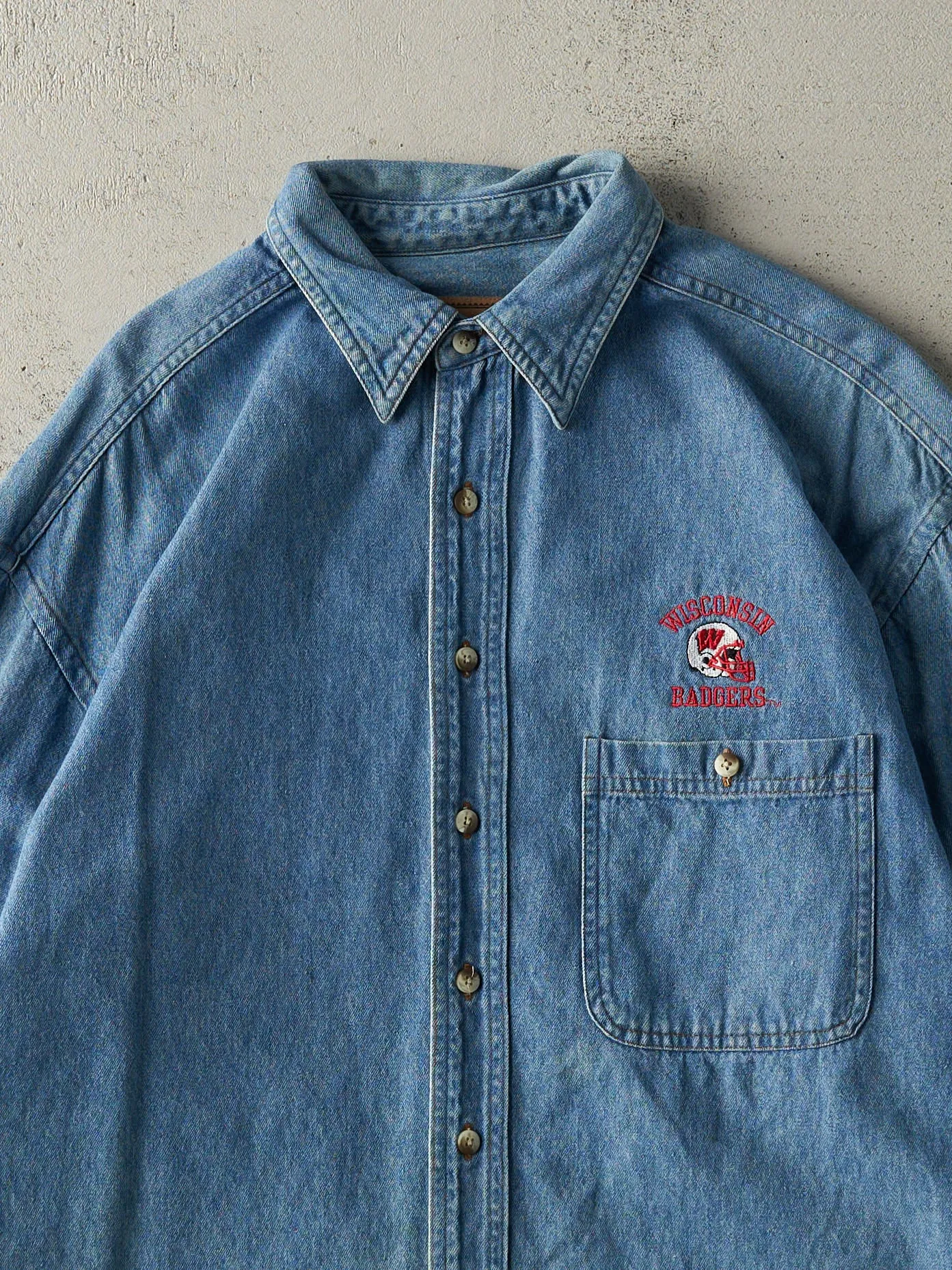 Vintage 90s Denim Embroidered Wisconsin Badgers Football Button Up (L) sold by Rebalance Vintage product image thumbnail 3