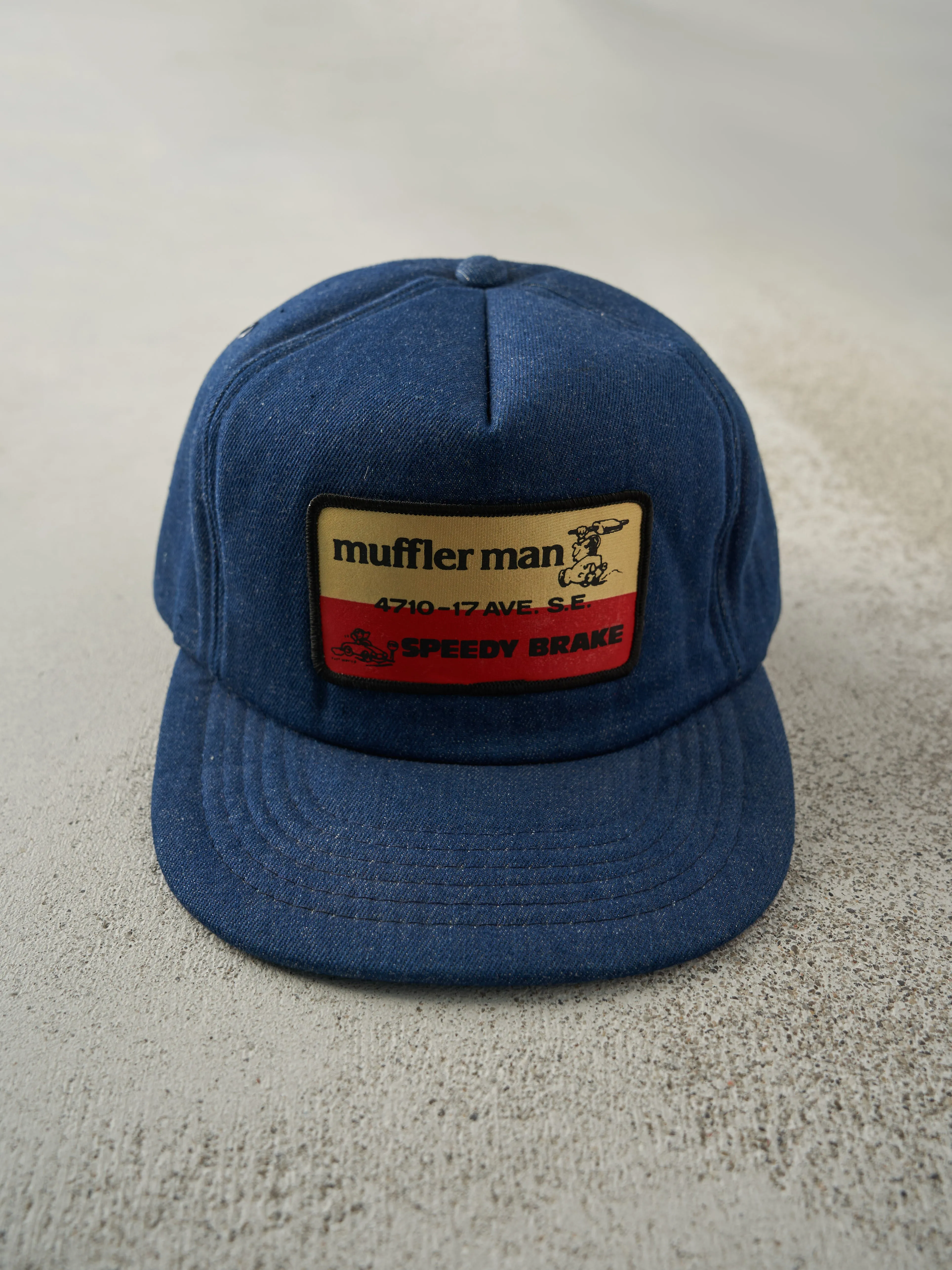 Vintage 80s Blue Muffler Man Foam Snapback Hat sold by Rebalance Vintage