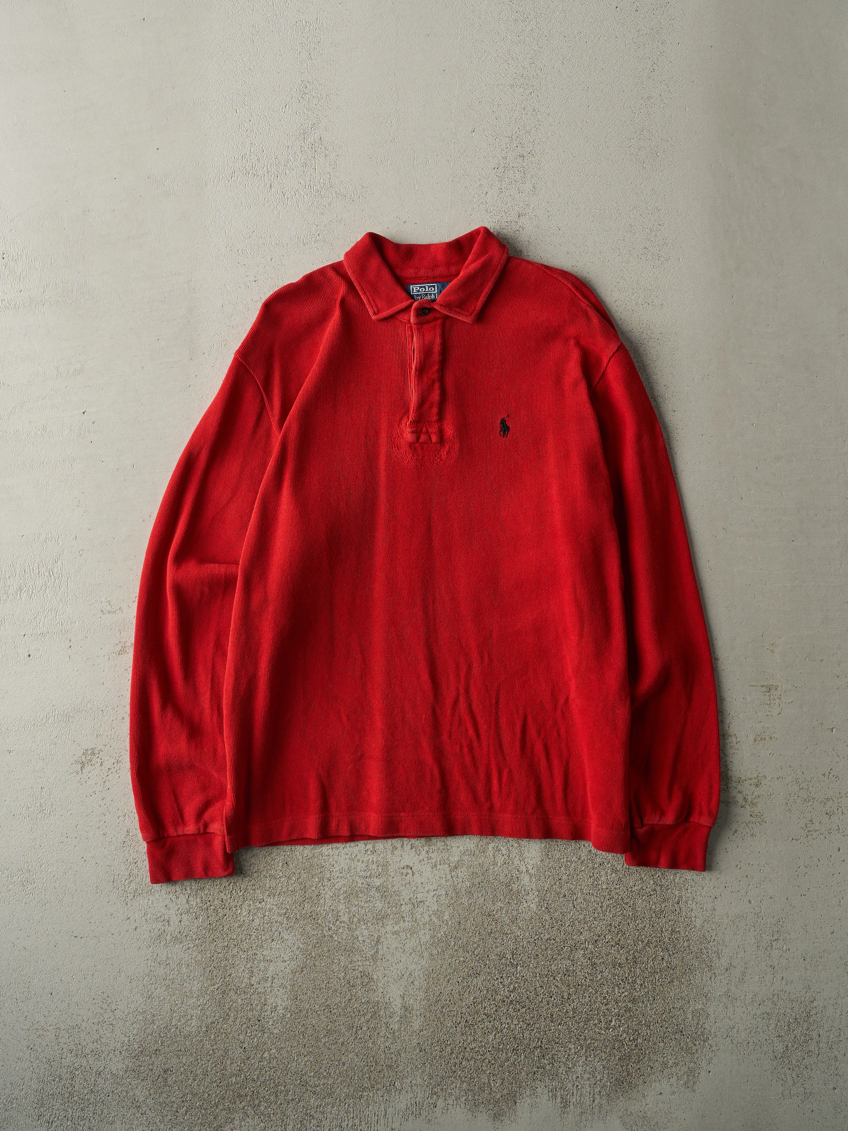 Vintage 90s Red Polo Quarter Button Thermal Long Sleeve (L/XL) sold by Rebalance Vintage