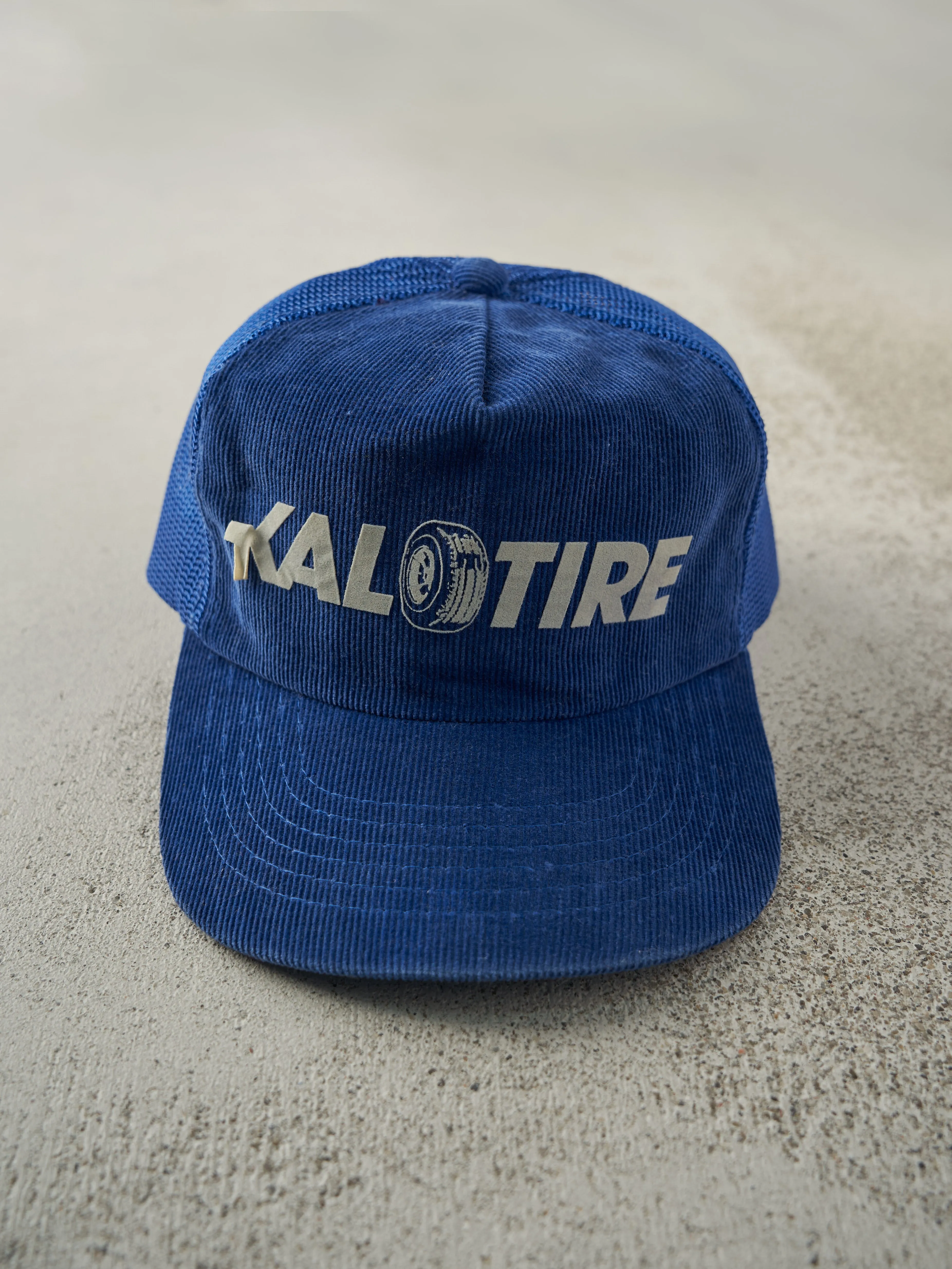 Vintage 80s Blue Kal Tire Corduroy Trucker Hat sold by Rebalance Vintage