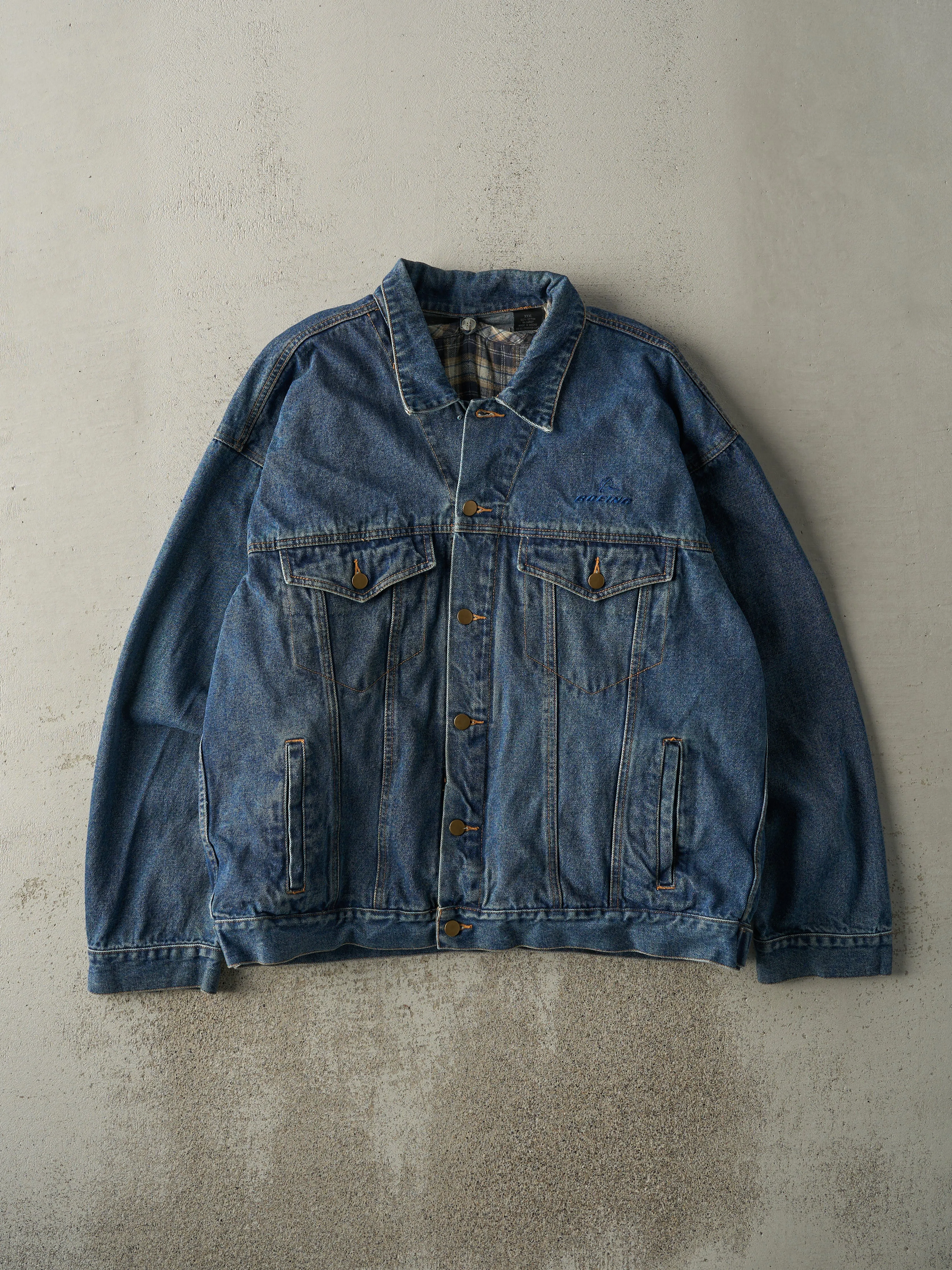 Vintage Y2K Dark Wash Embroidered Flannel Lined Denim Jacket (L) sold by Rebalance Vintage