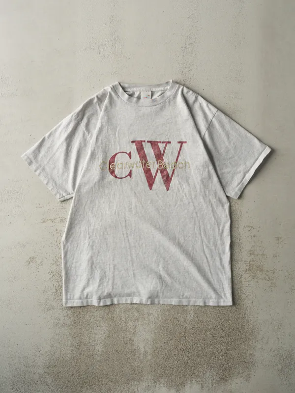 Vintage 90s Heather Grey Clearwater Beach Embroidered Single Stitch Tee (L) sold by Rebalance Vintage