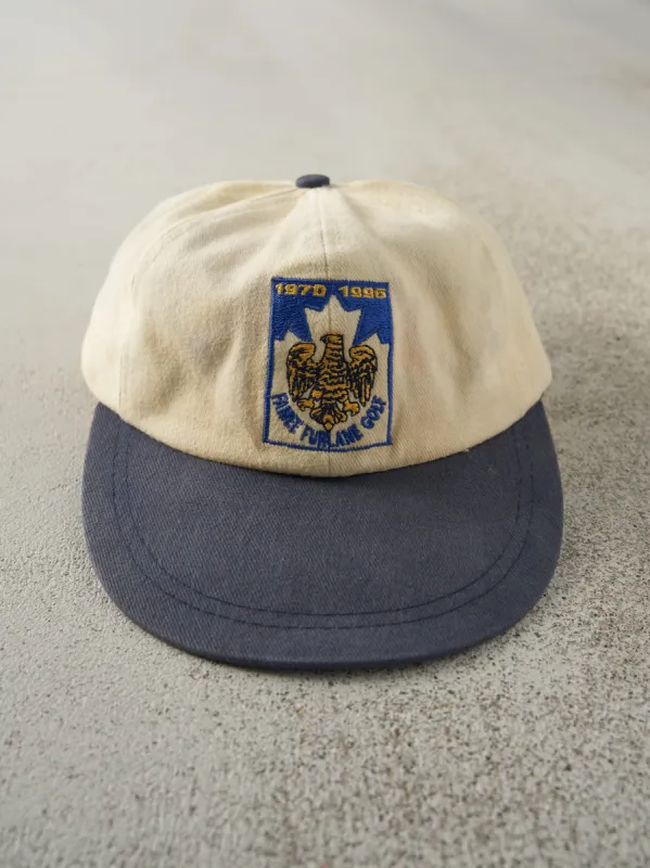 Vintage 96' Beige & Blue Embroidered Golf Leather Strap Back Hat sold by Rebalance Vintage
