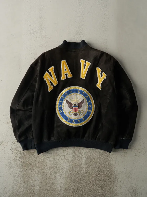 Vintage 90s Black & Navy Blue Michael Hoban US Navy Suede Bomber Jacket (XL/XXL) sold by Rebalance Vintage