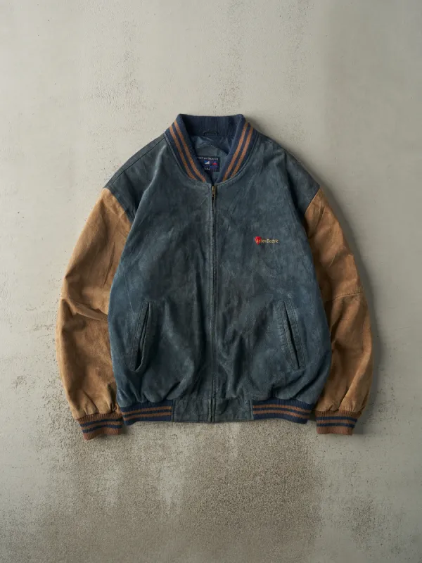 Vintage 90s Navy & Brown Suede Bomber Jacket (XL) sold by Rebalance Vintage