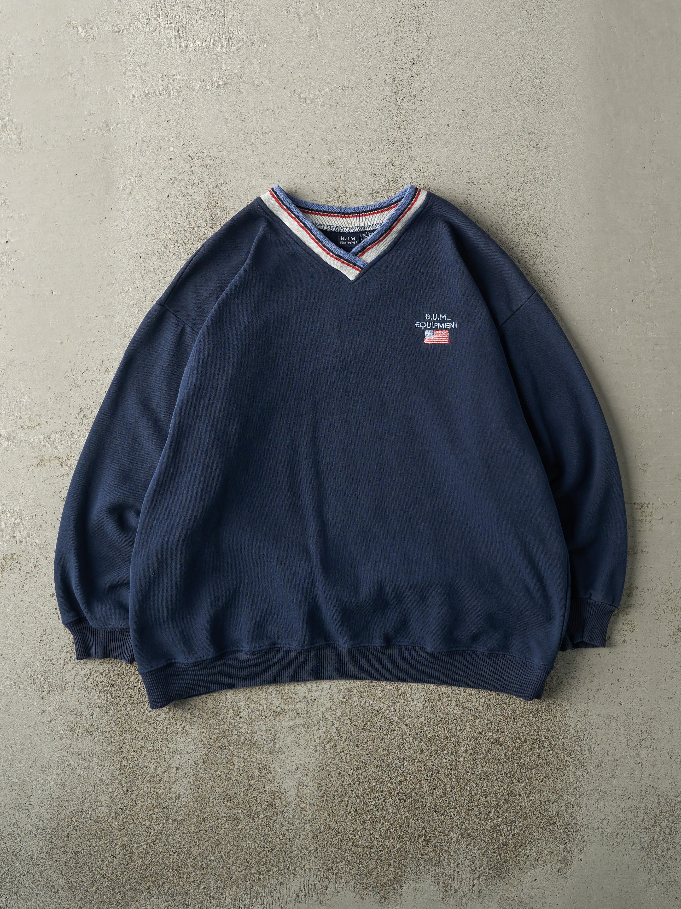 Vintage Y2K Navy Blue BUM Equipment V Neck Sweatshirt (M/L) sold by Rebalance Vintage