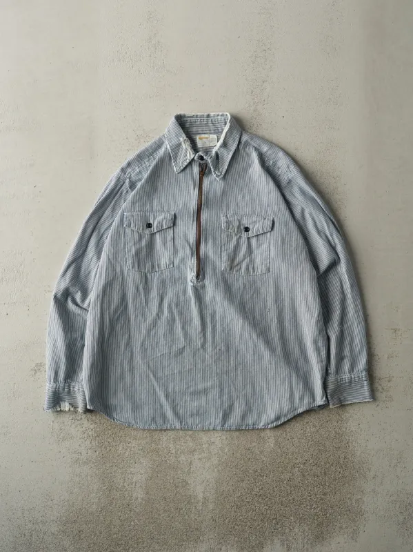 Vintage 60s Rare Blue & White Striped Quarter Zip Long Sleeve Workwear Shirt (L) sold by Rebalance Vintage