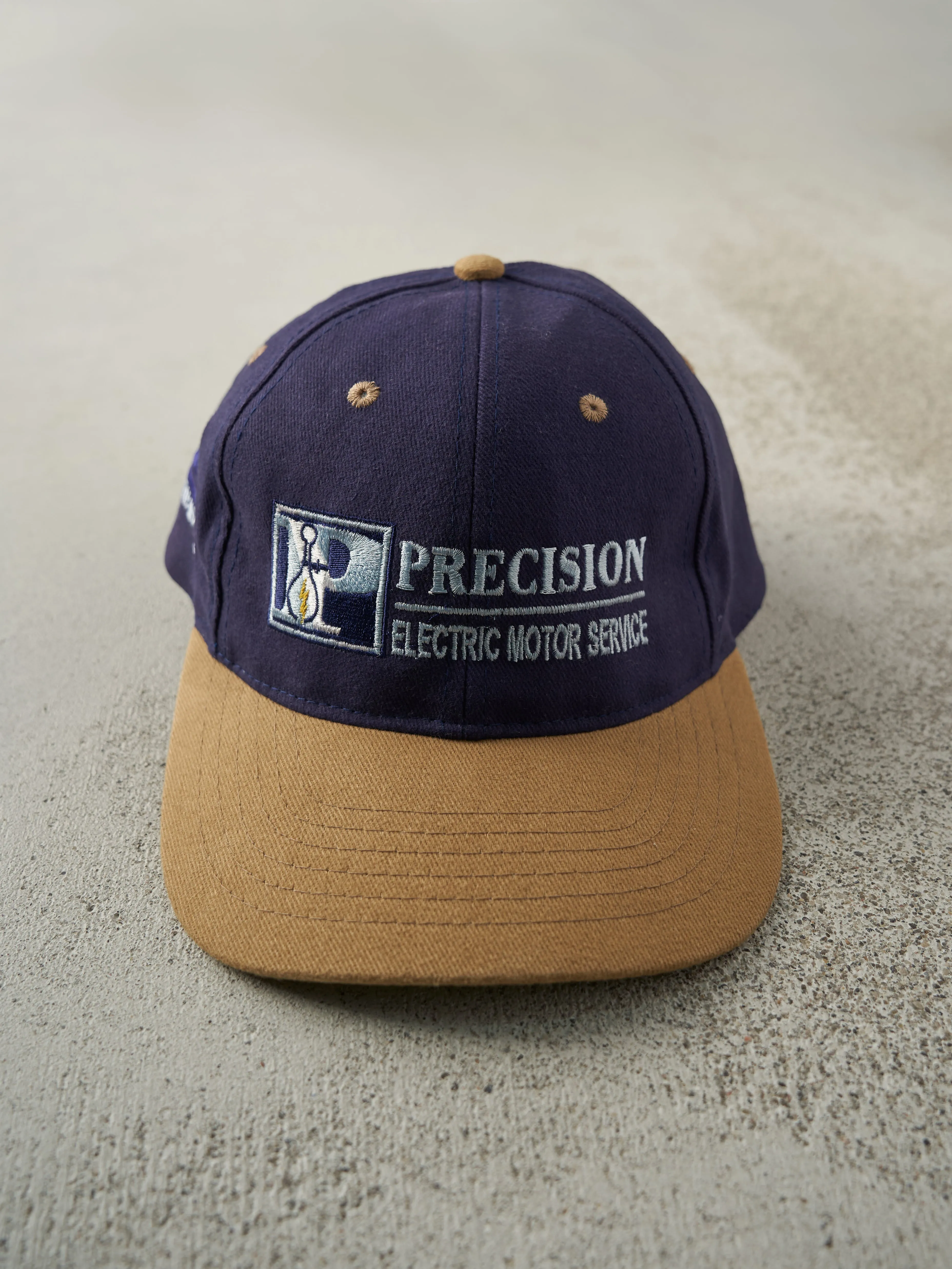 Vintage 90s Navy & Beige Embroidered Precision Strap Back Hat sold by Rebalance Vintage