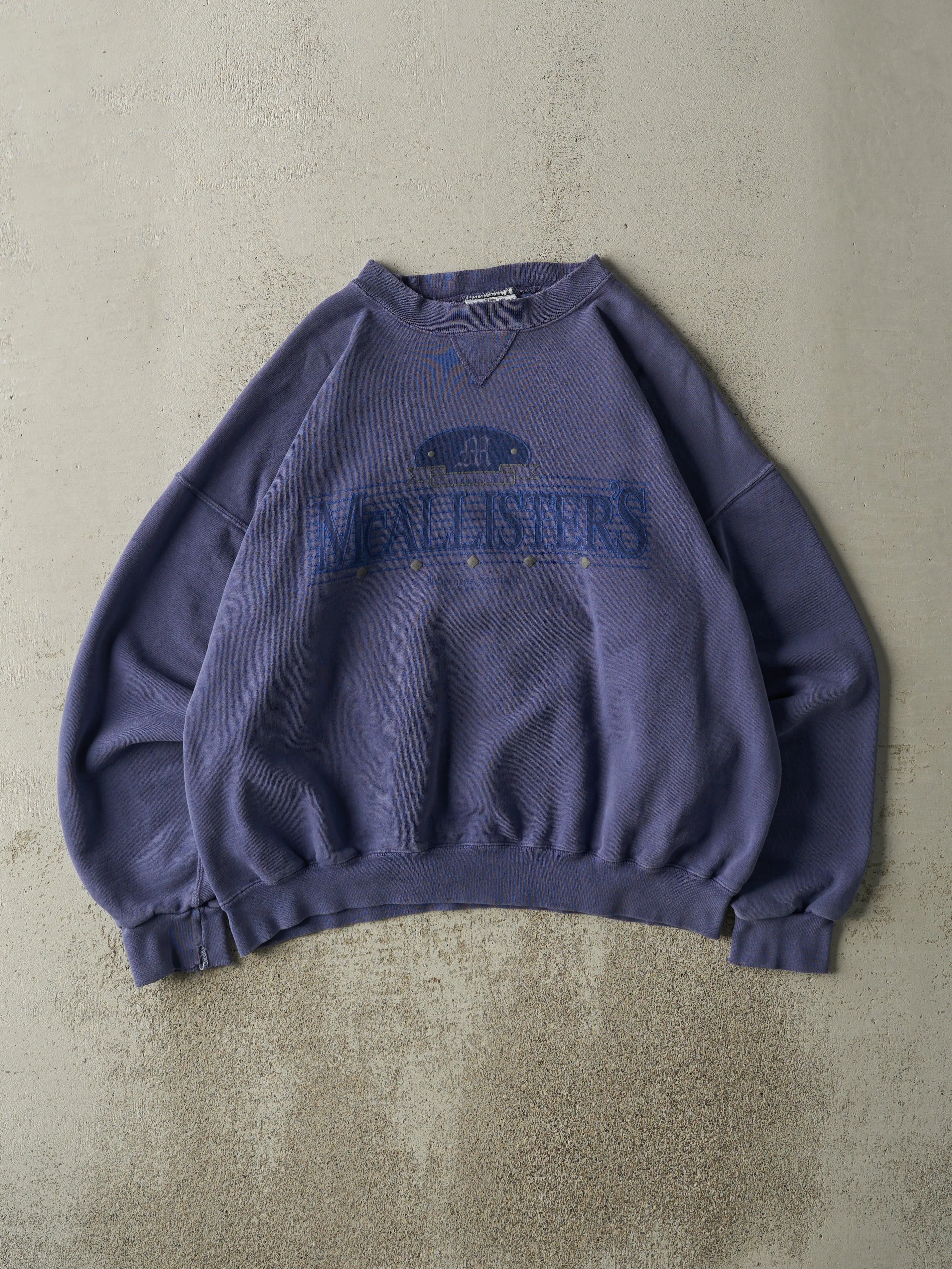 Vintage 90s Blue McAllister's Scotland Crewneck (L) sold by Rebalance Vintage