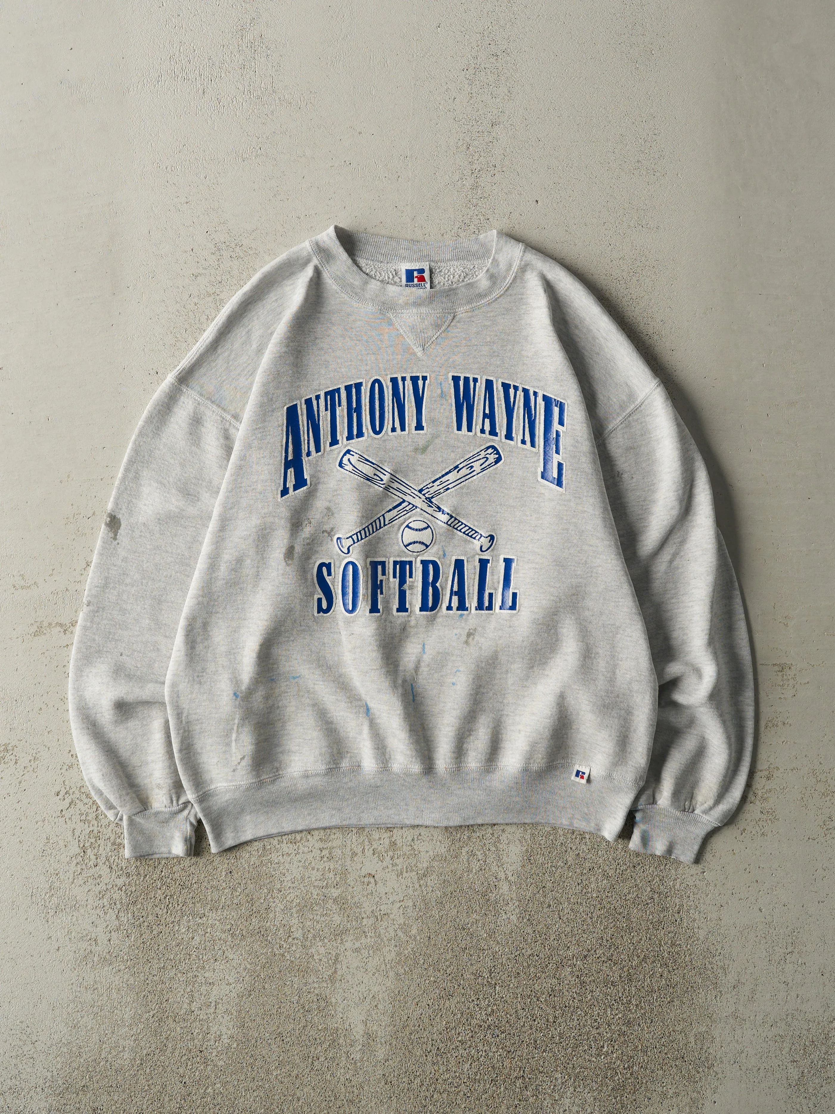 Vintage 90s Heather Grey Anthony Wayne Softball Russell Athletic Crewneck (M/L) sold by Rebalance Vintage