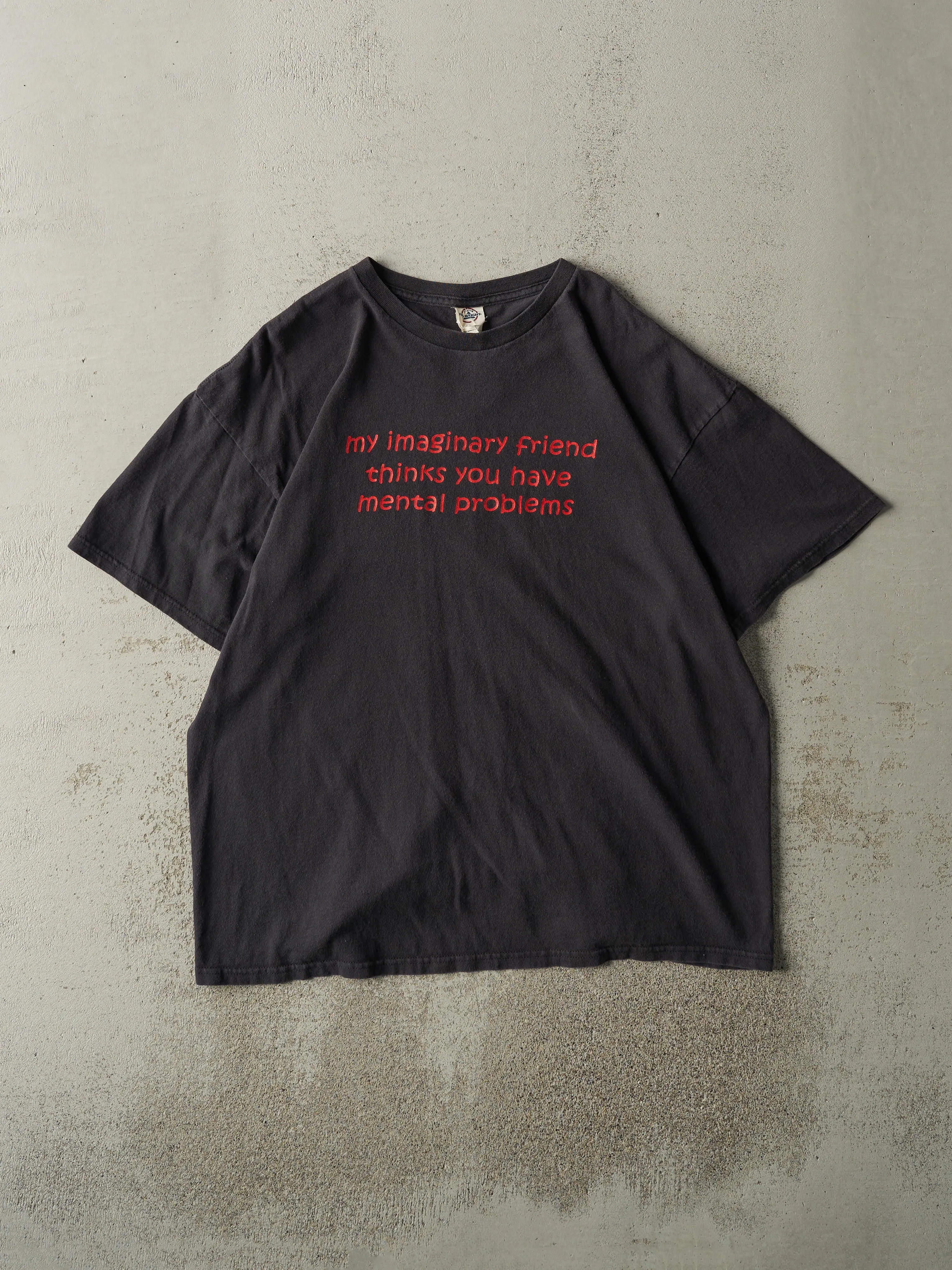Vintage Y2K Black "Imaginary Friend" Slogan Tee (L) sold by Rebalance Vintage