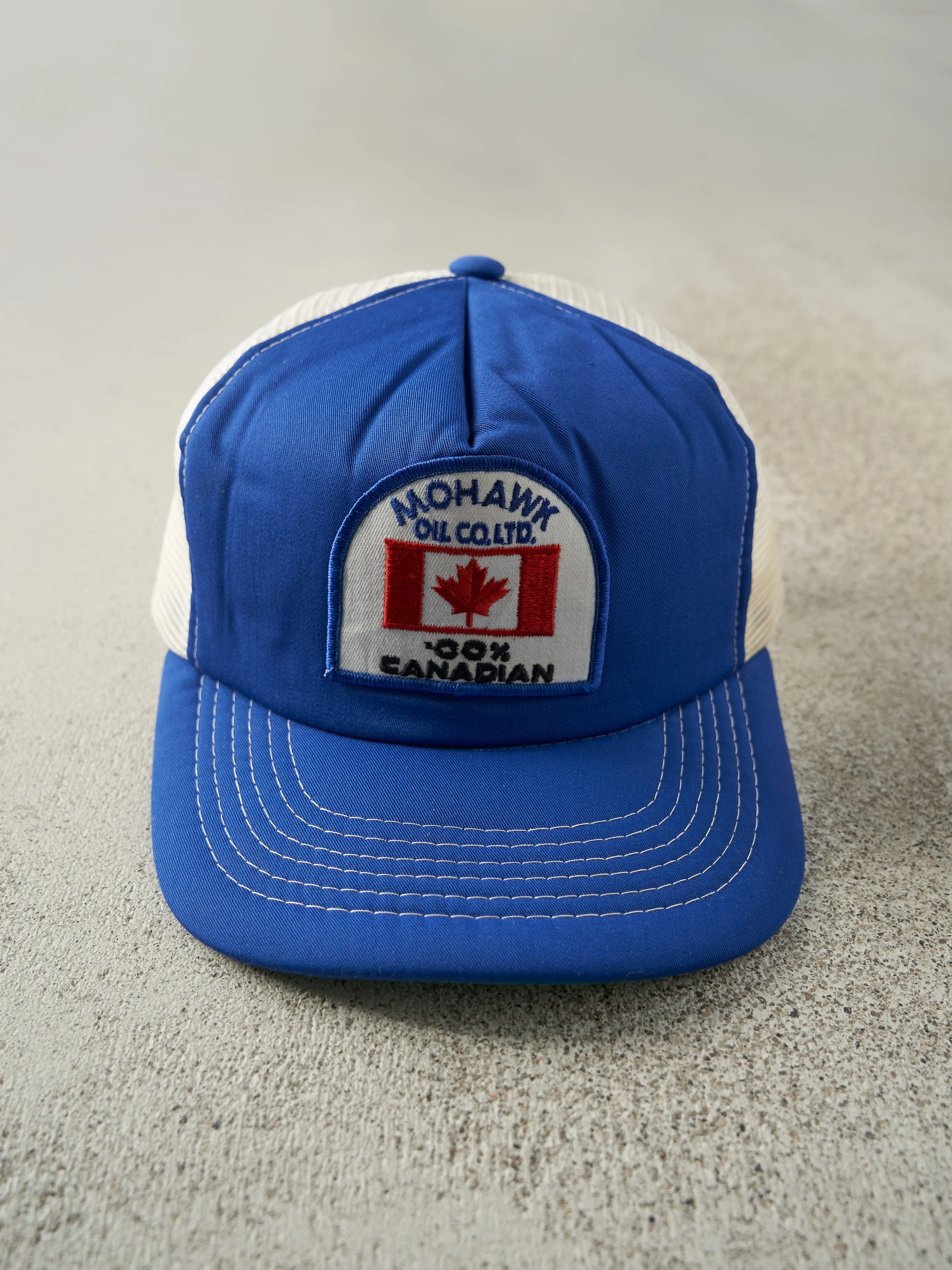 Vintage 80s Blue & White Mohawk Oil Co. Foam Trucker Hat sold by Rebalance Vintage