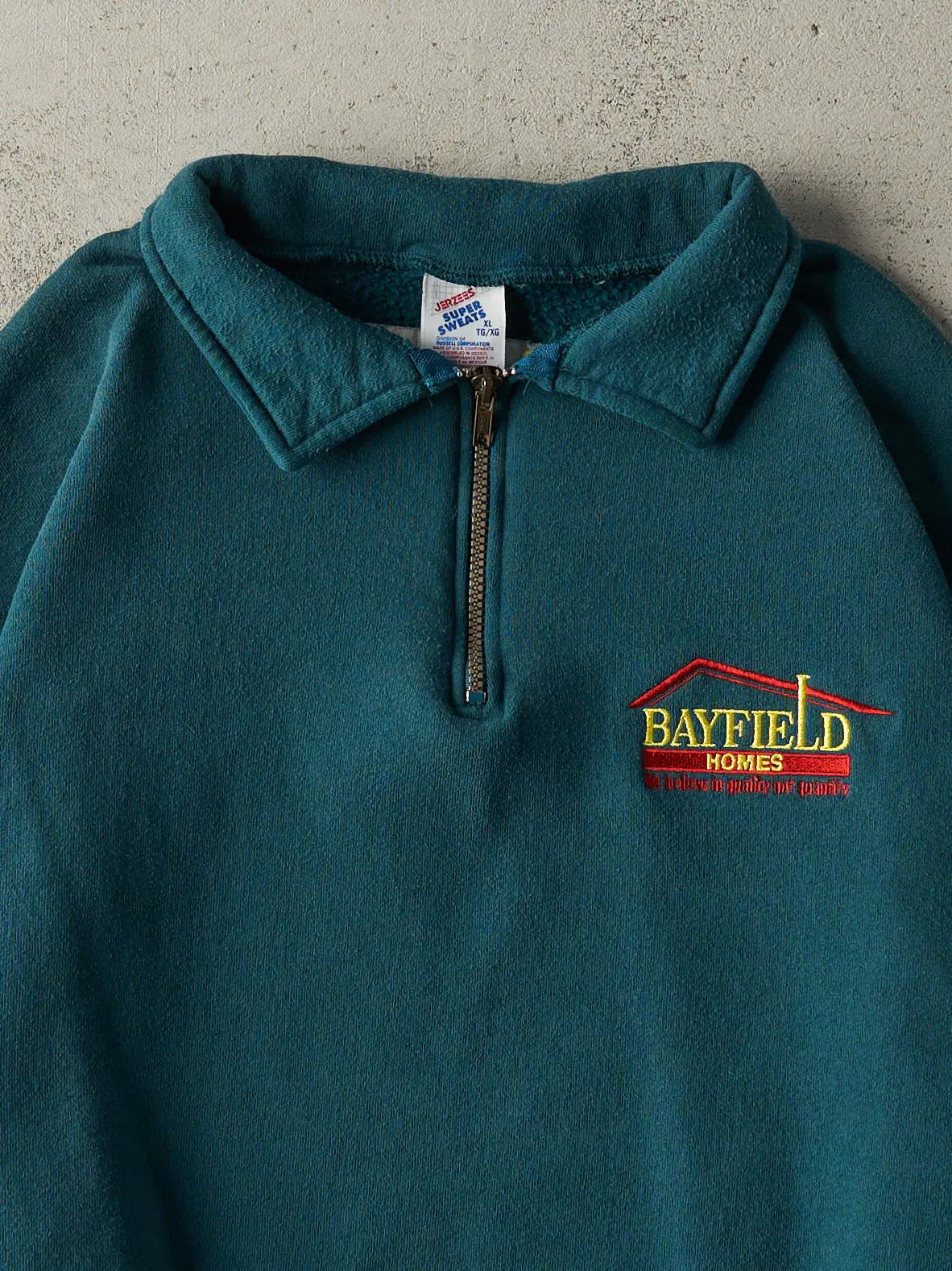 Vintage 80s Deep Teal Embroidered Quarter Zip Sweatshirt (L) sold by Rebalance Vintage product image thumbnail 2