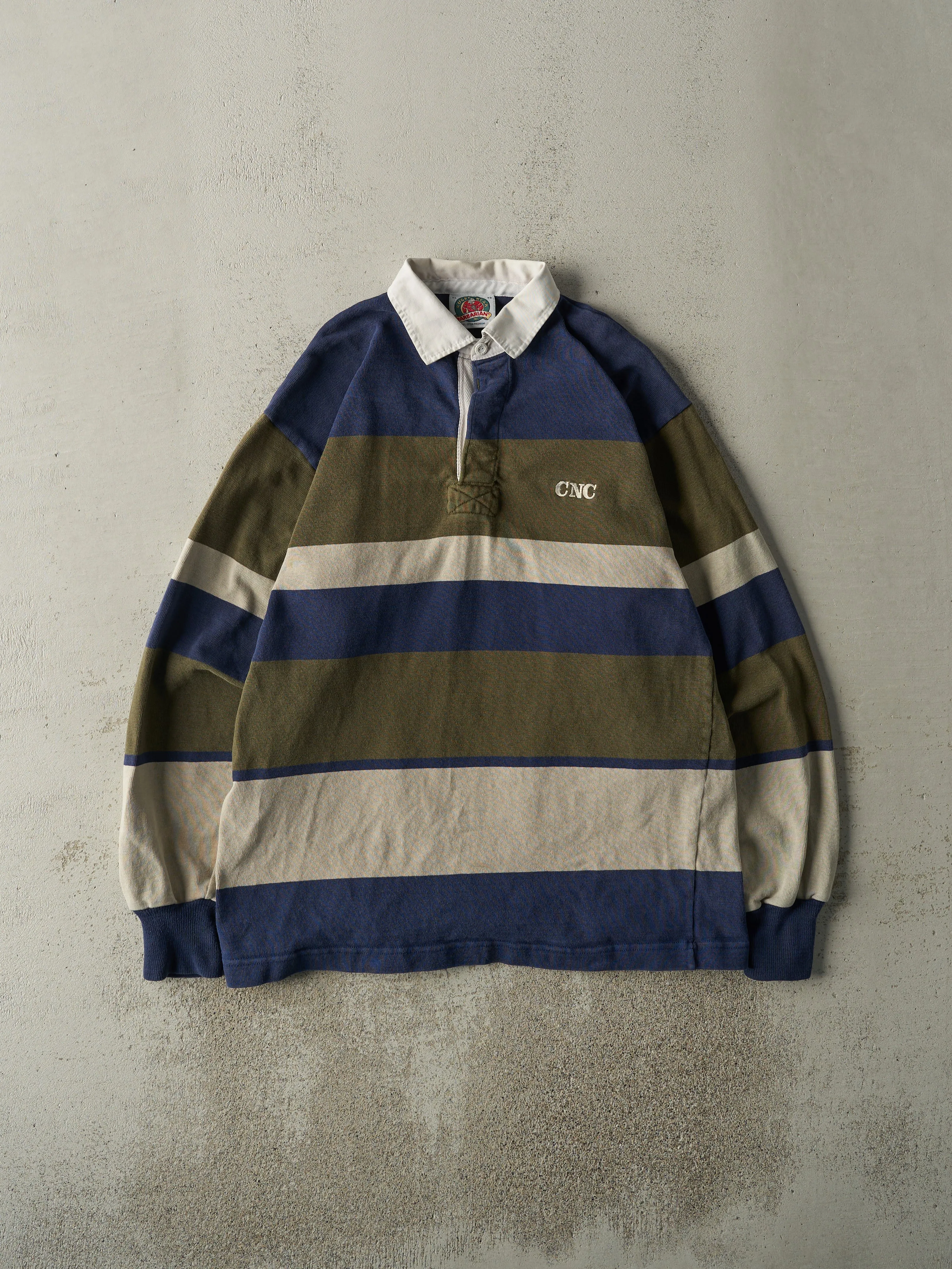 Vintage Y2K Green, Navy & Beige Rugby Shirt (L) sold by Rebalance Vintage