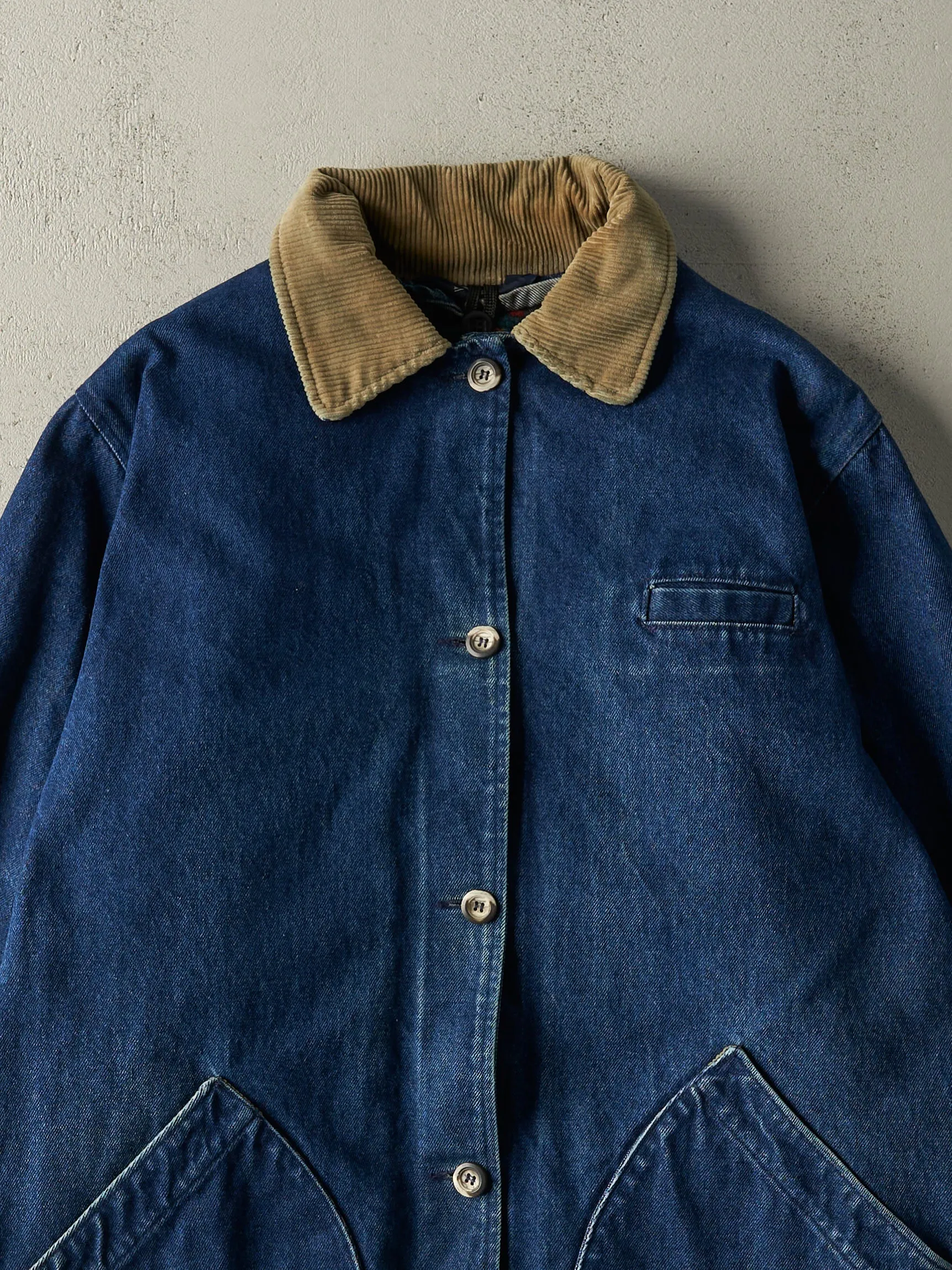 Vintage 90s Dark Wash Wool Blanket Lined Denim Barn Jacket (L) sold by Rebalance Vintage product image thumbnail 4