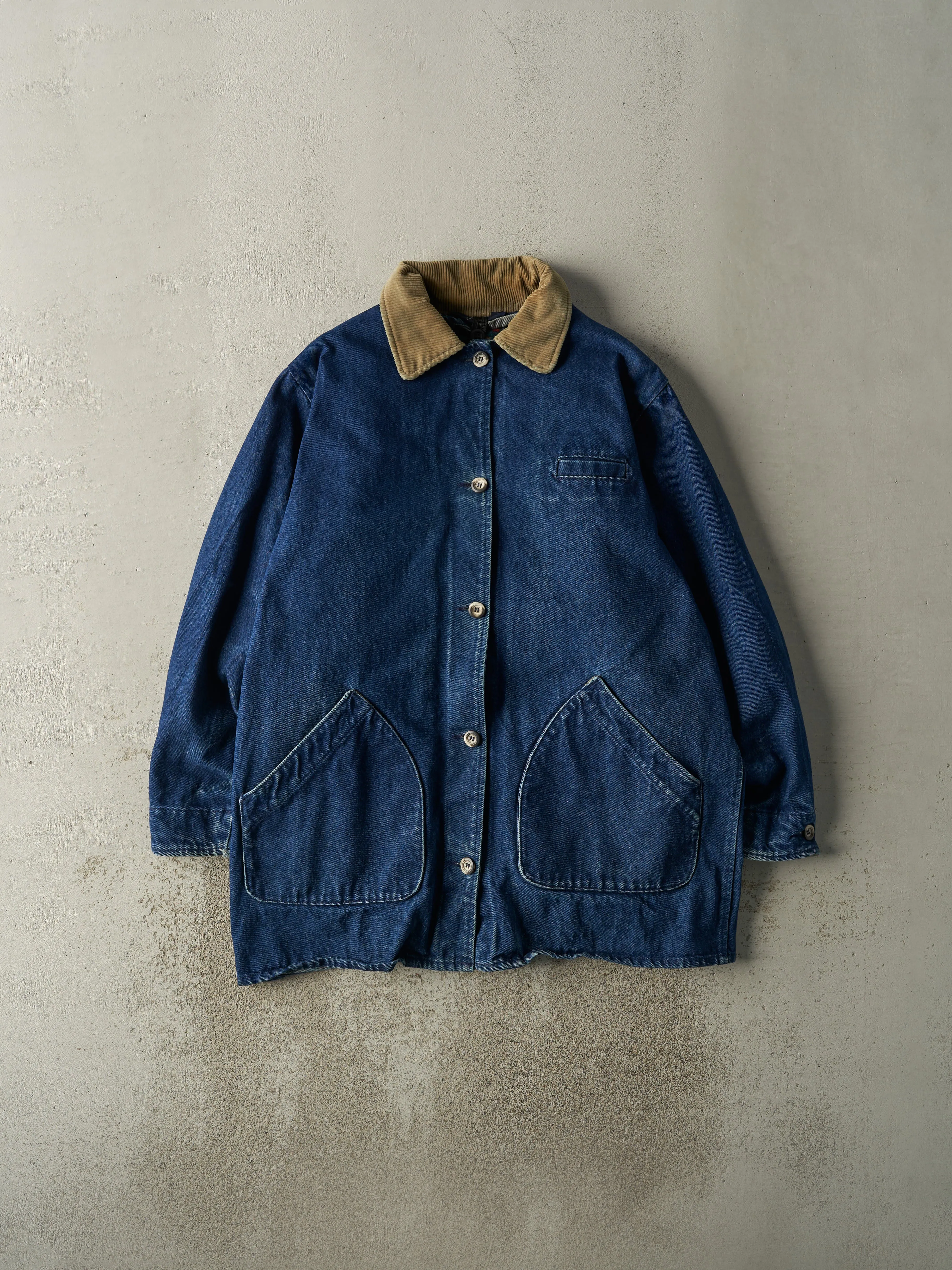 Vintage 90s Dark Wash Wool Blanket Lined Denim Barn Jacket (L) sold by Rebalance Vintage