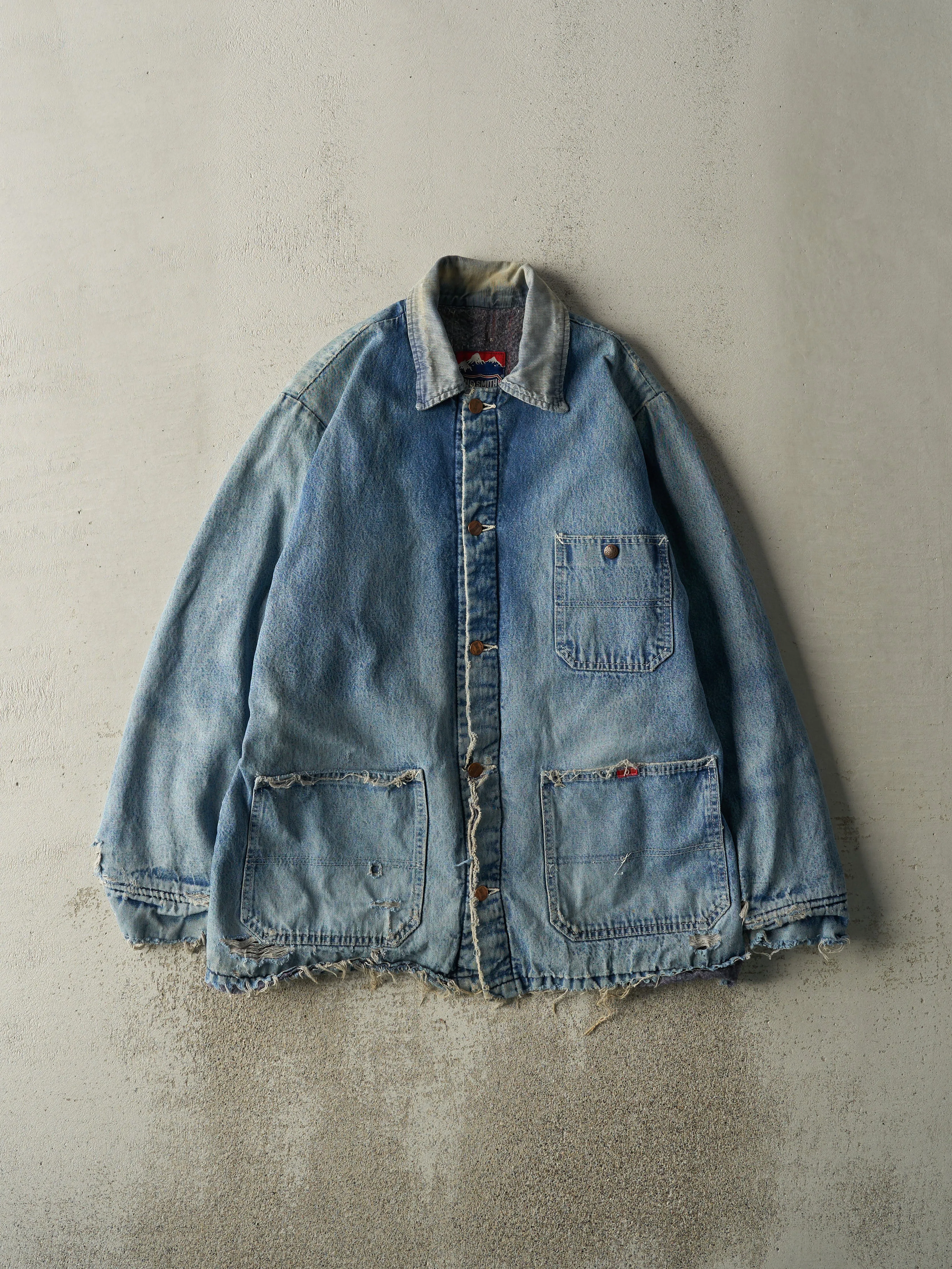 Vintage 80s Light Wash Blanket Lined Denim Chore Jacket (XL) sold by Rebalance Vintage