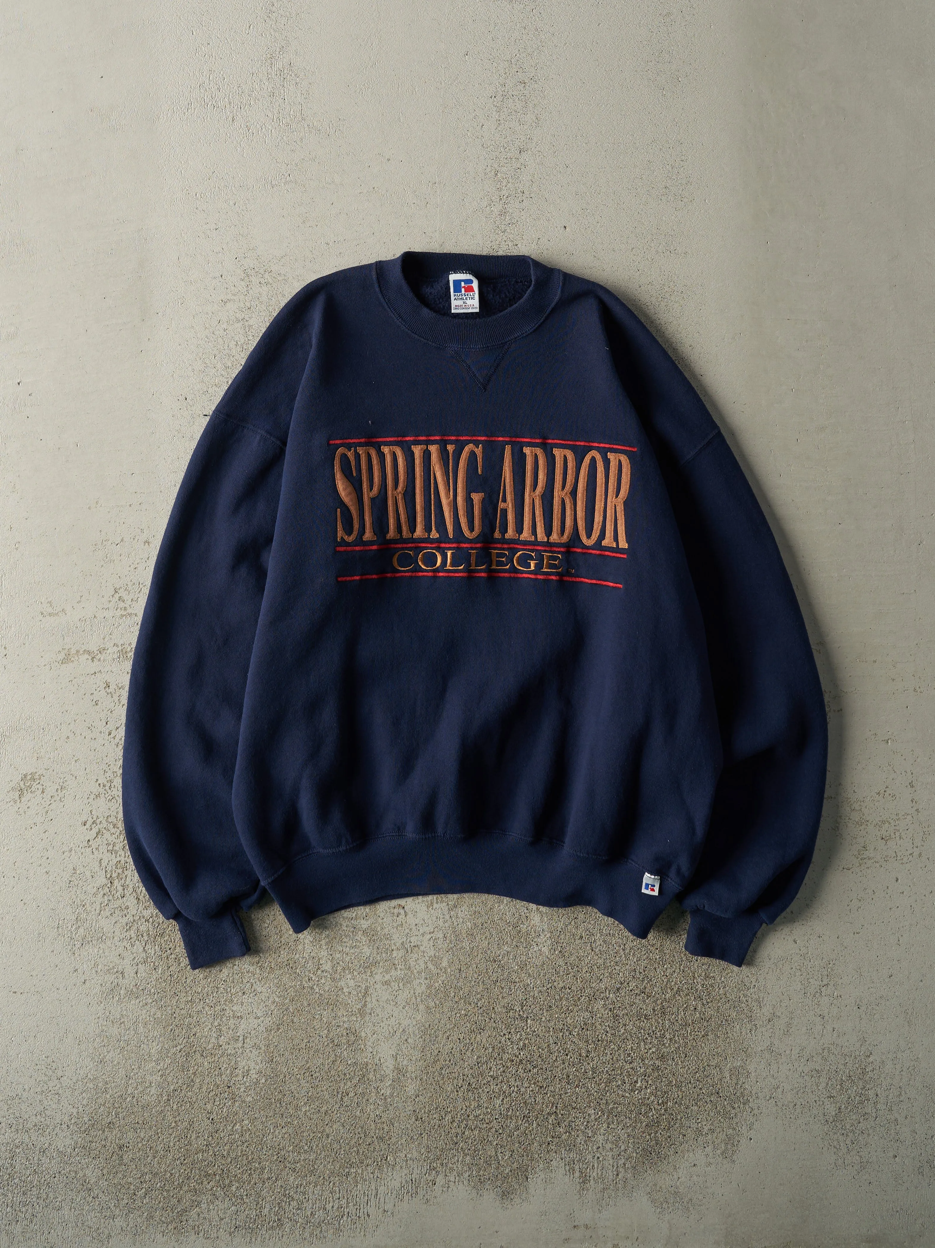 Vintage 90s Navy Blue Spring Arbor College Russell Athletic Crewneck (L) sold by Rebalance Vintage