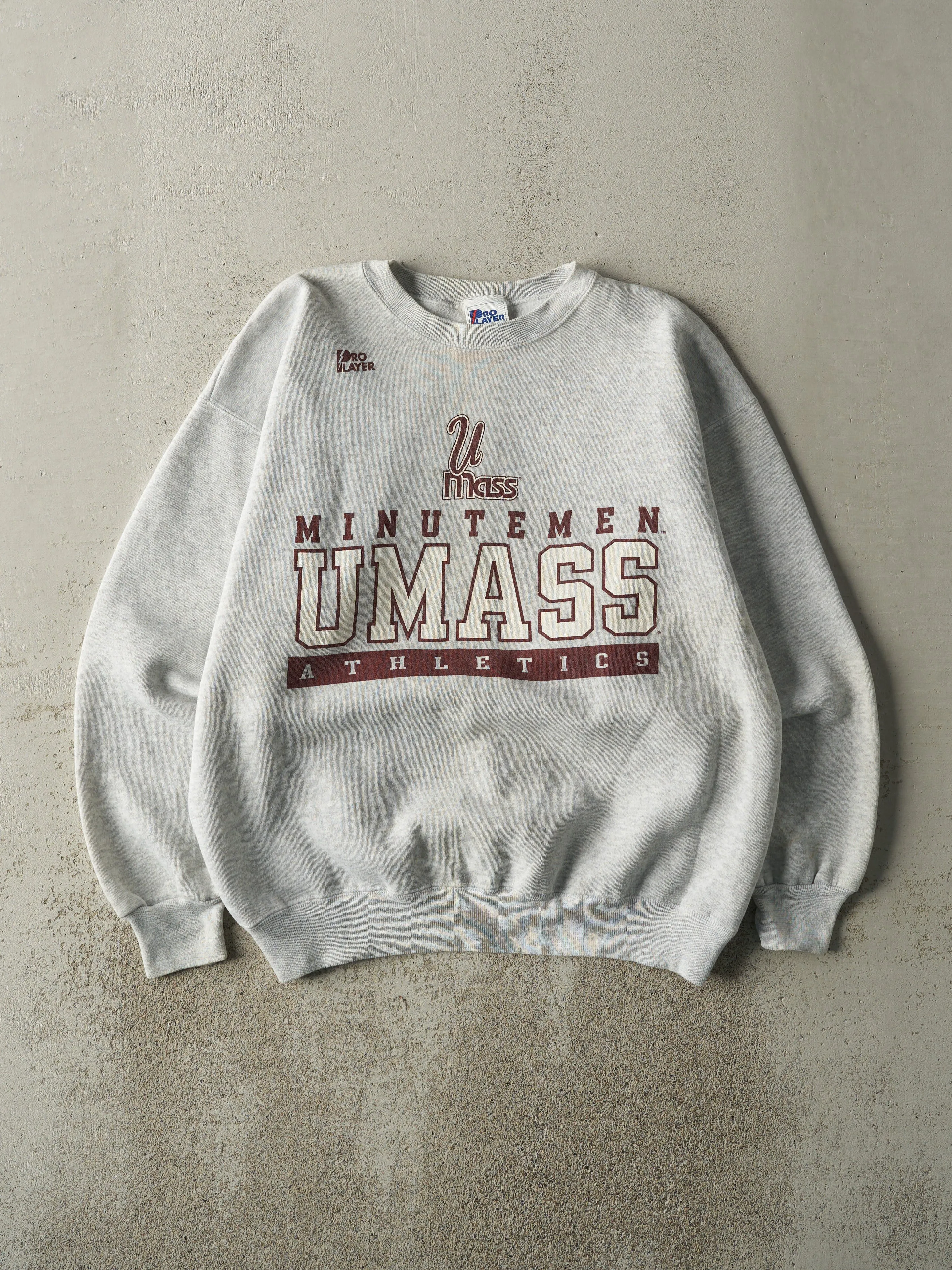 Vintage 90s Heather Grey UMass Minutemen Crewneck (L) sold by Rebalance Vintage