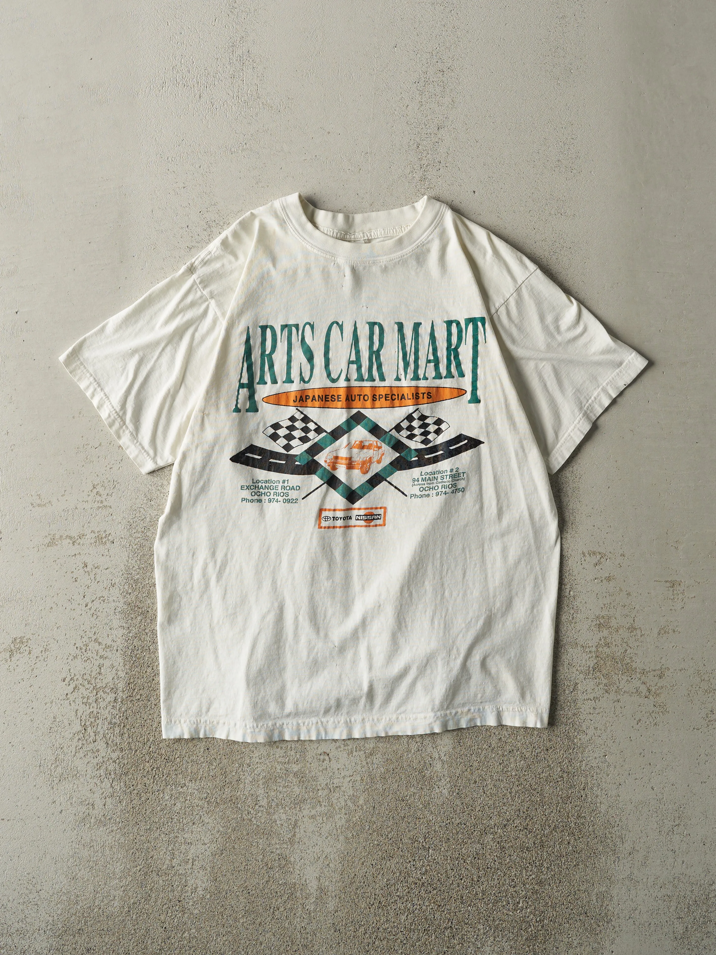 Vintage Y2K White Arts Car Mart Tee (L) sold by Rebalance Vintage