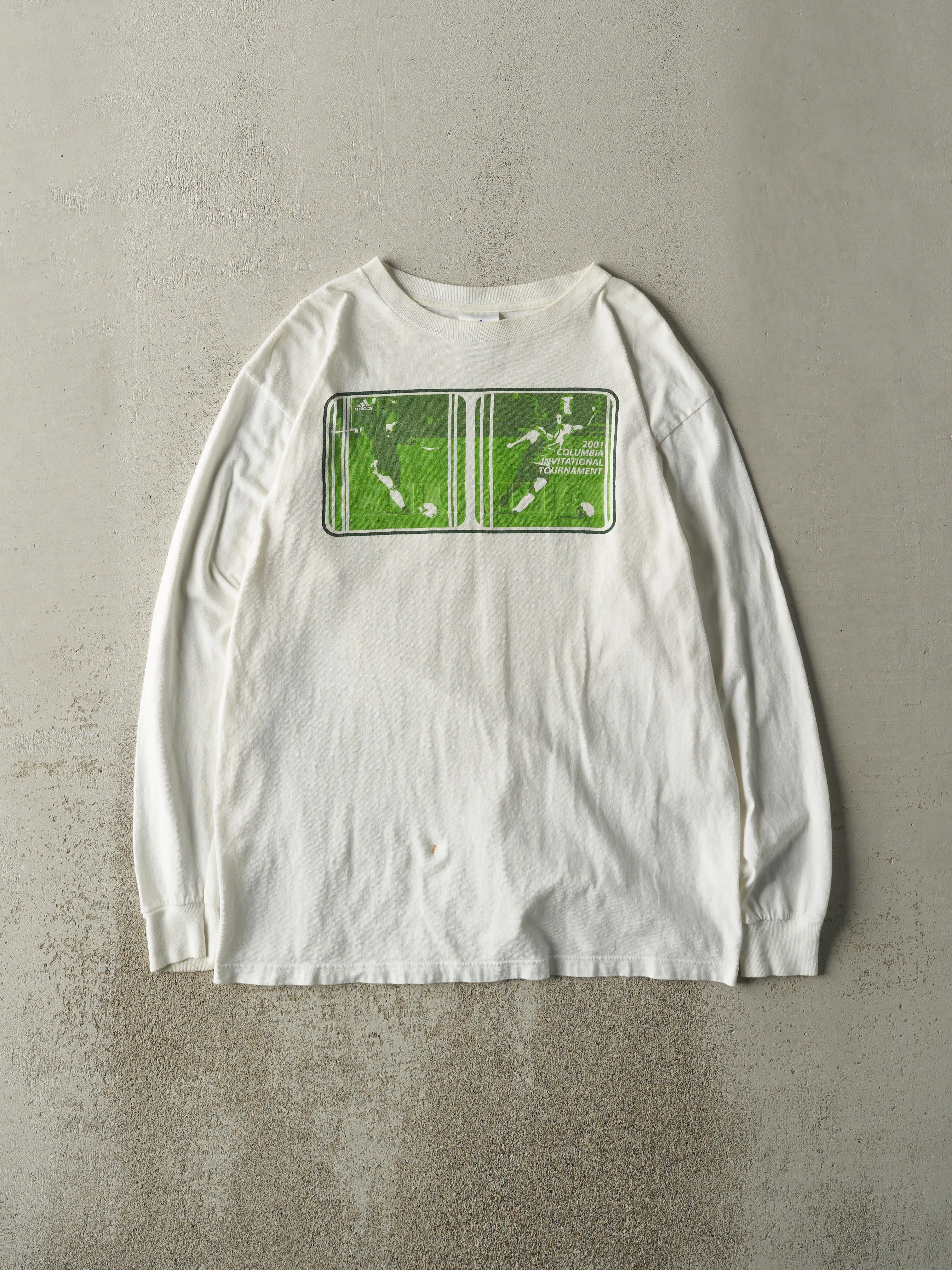 Vintage 01' White Adidas Soccer Long Sleeve (M) sold by Rebalance Vintage