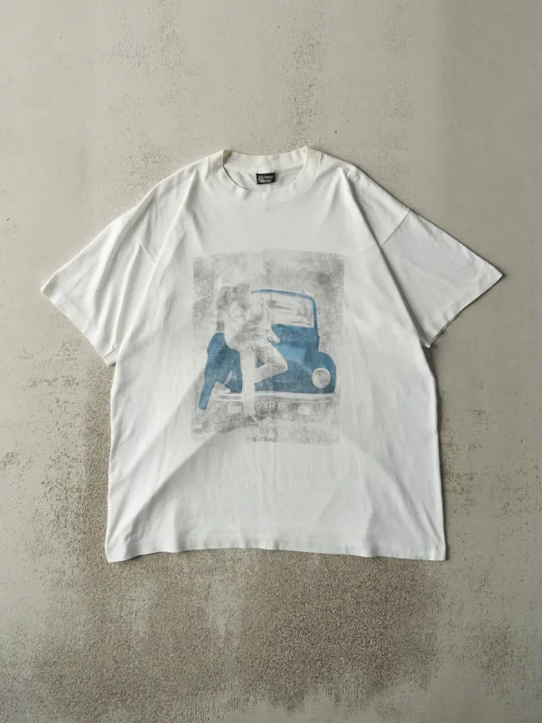 Vintage 90s White Advertisement Single Stitch Tee (L) sold by Rebalance Vintage