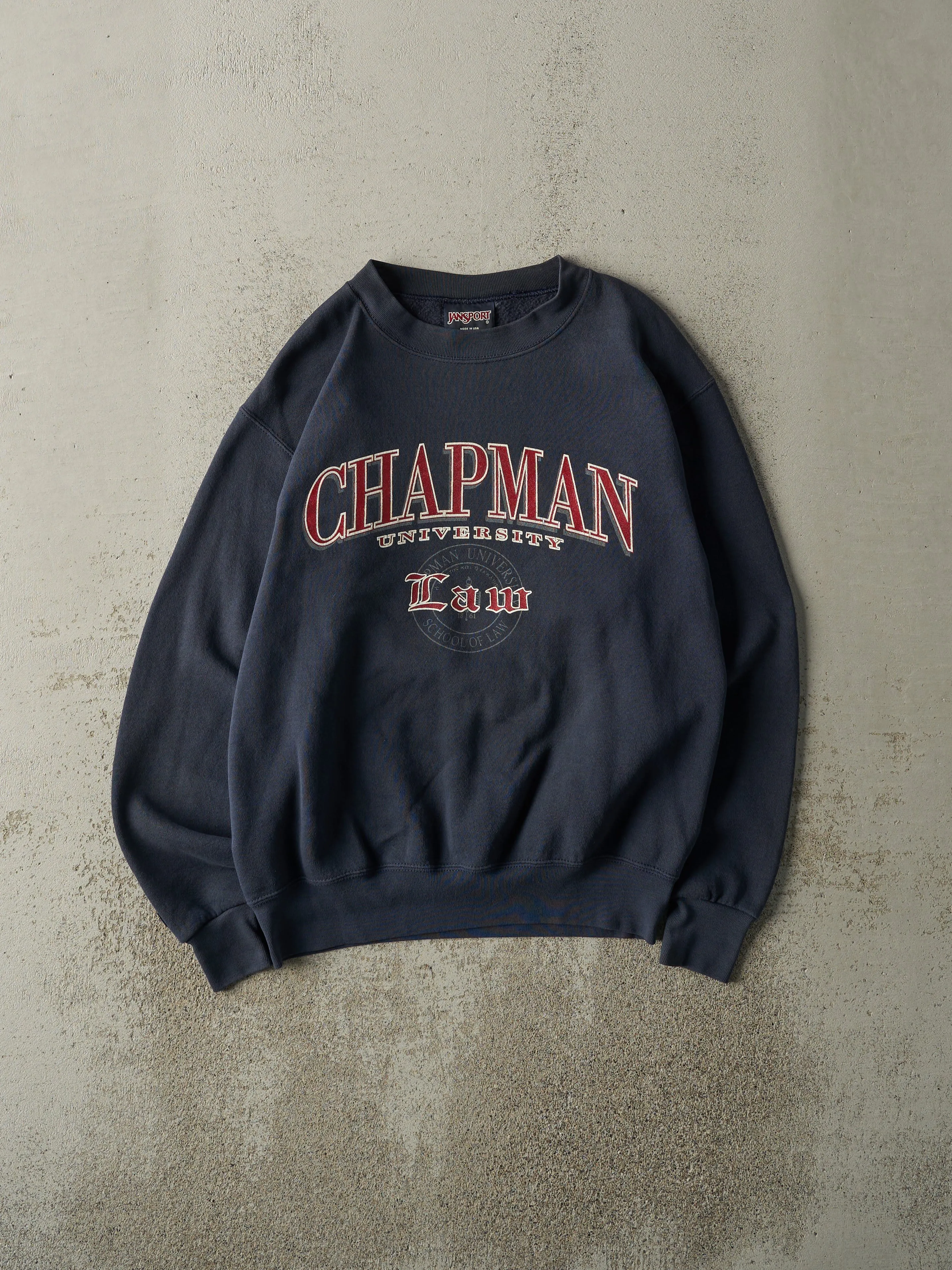 Vintage 90s Navy Blue Chapman University Law Crewneck (S/M) sold by Rebalance Vintage