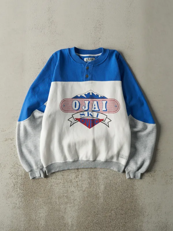 Vintage 90s Blue, Grey & White Ojai Ski Quarter Button Crewneck (M) sold by Rebalance Vintage