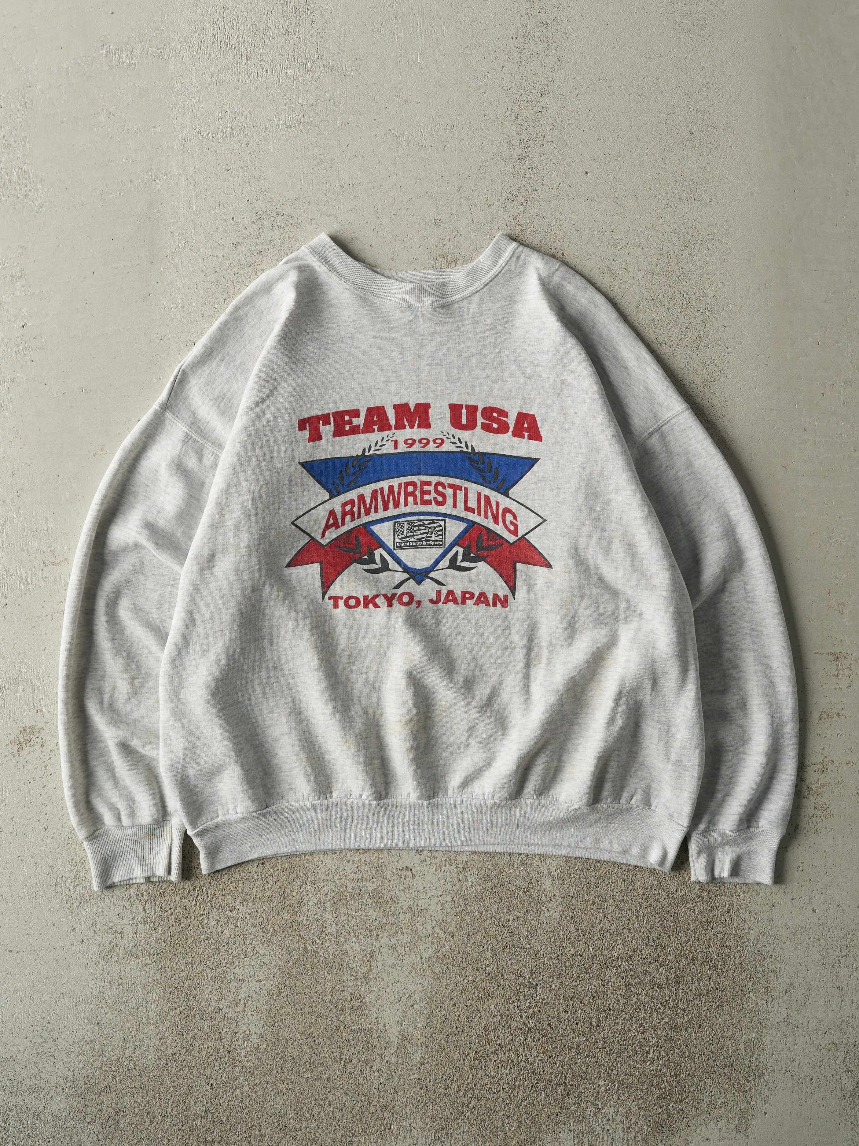 Vintage 99' Heather Grey Team USA Armwrestling Boxy Crewneck (L/XL) sold by Rebalance Vintage