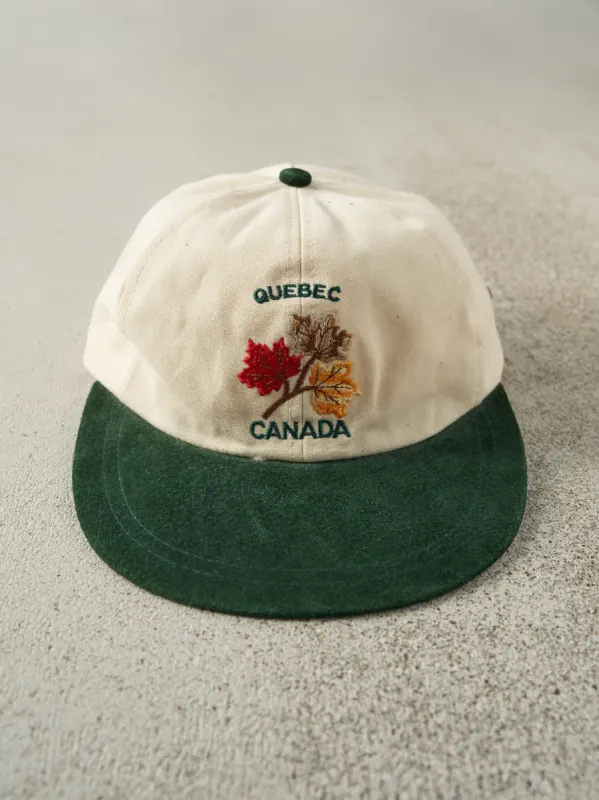 Vintage 90s Beige & Green Embroidered Quebec Canada Leather Strap Back sold by Rebalance Vintage