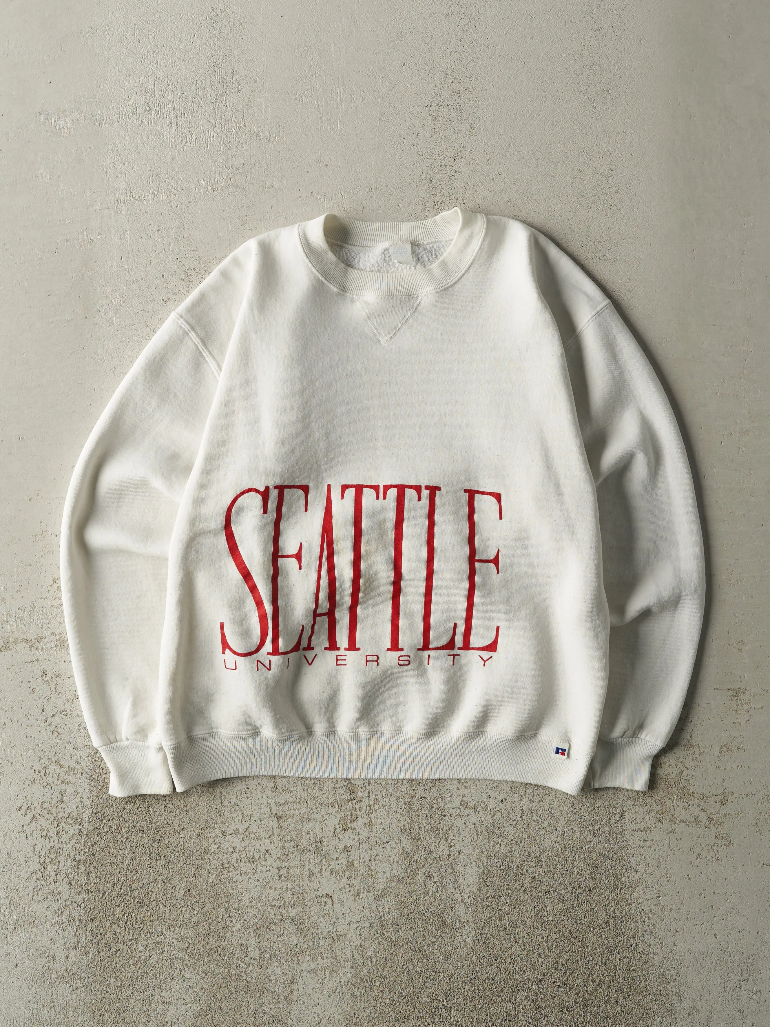 Vintage 80s White Russell Athletic Seattle University Crewneck (M) sold by Rebalance Vintage