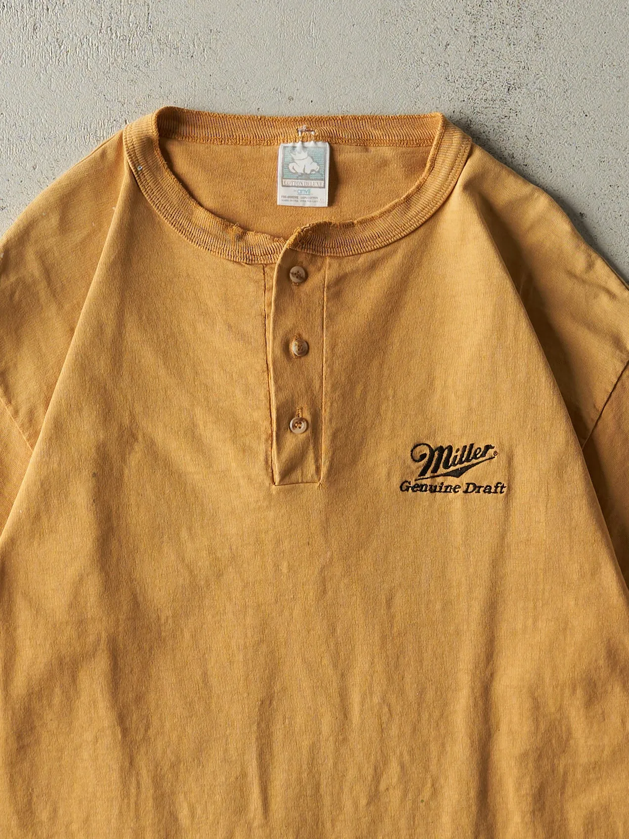 Vintage 90s Yellow Miller Genuine Draft Embroidered Quarter Button Tee (M) sold by Rebalance Vintage product image thumbnail 2