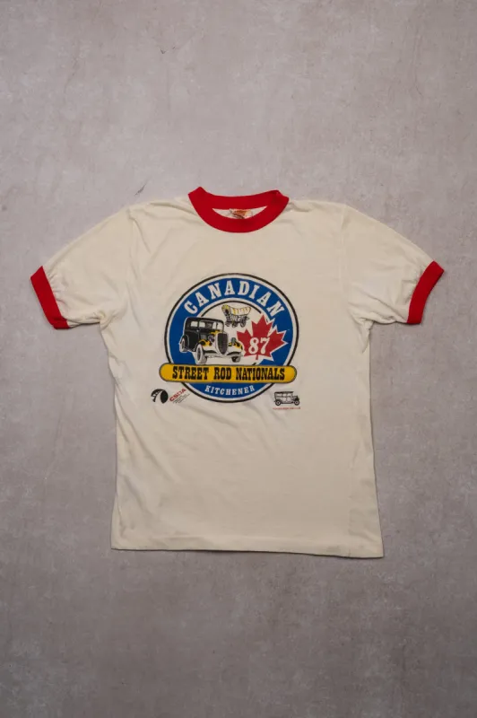Vintage '87 White Canadian Street Rod Nationals Kitchener Ringer tee (S) sold by Rebalance Vintage